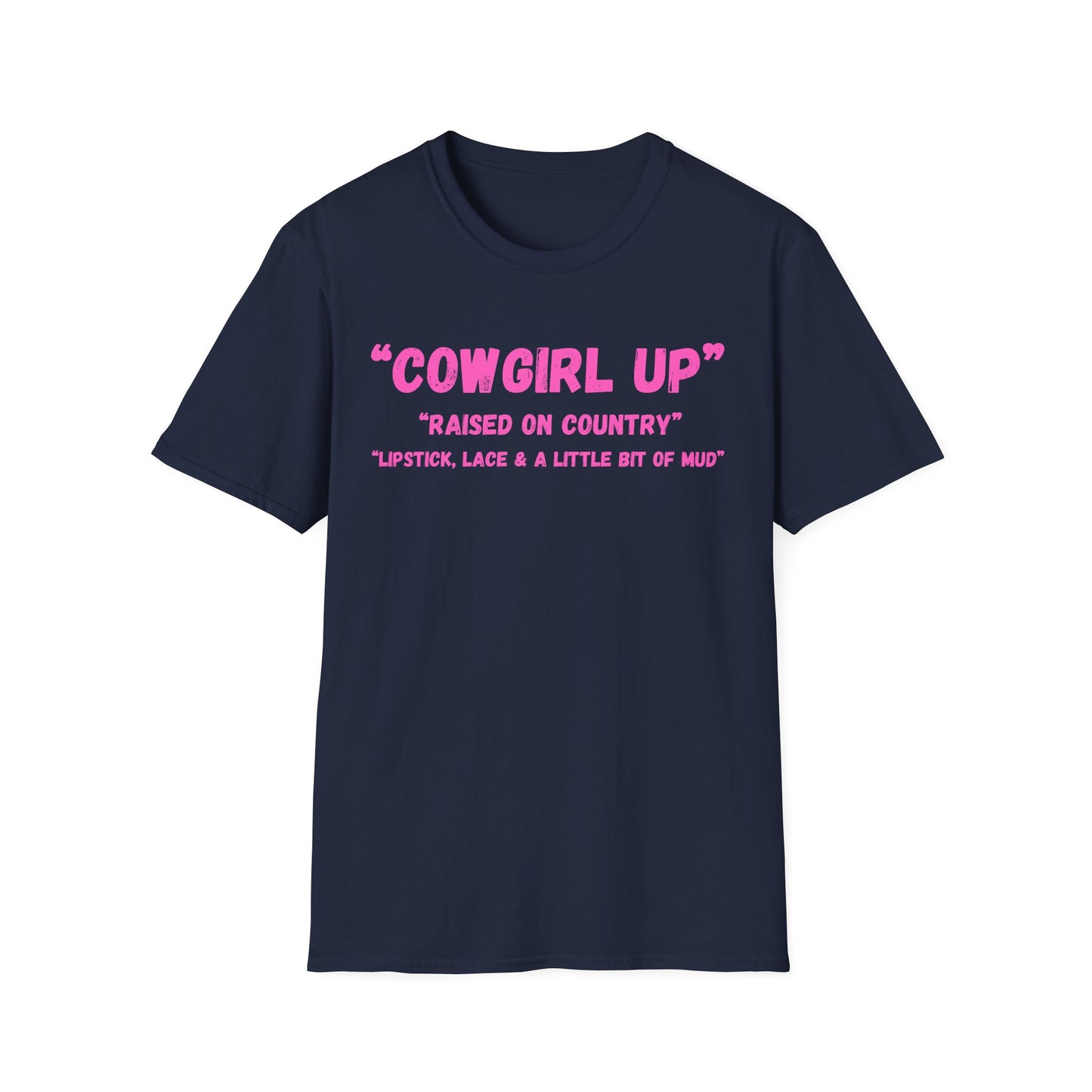 Cowgirl up graphic tee, T Shirt | Raised on Country pink text