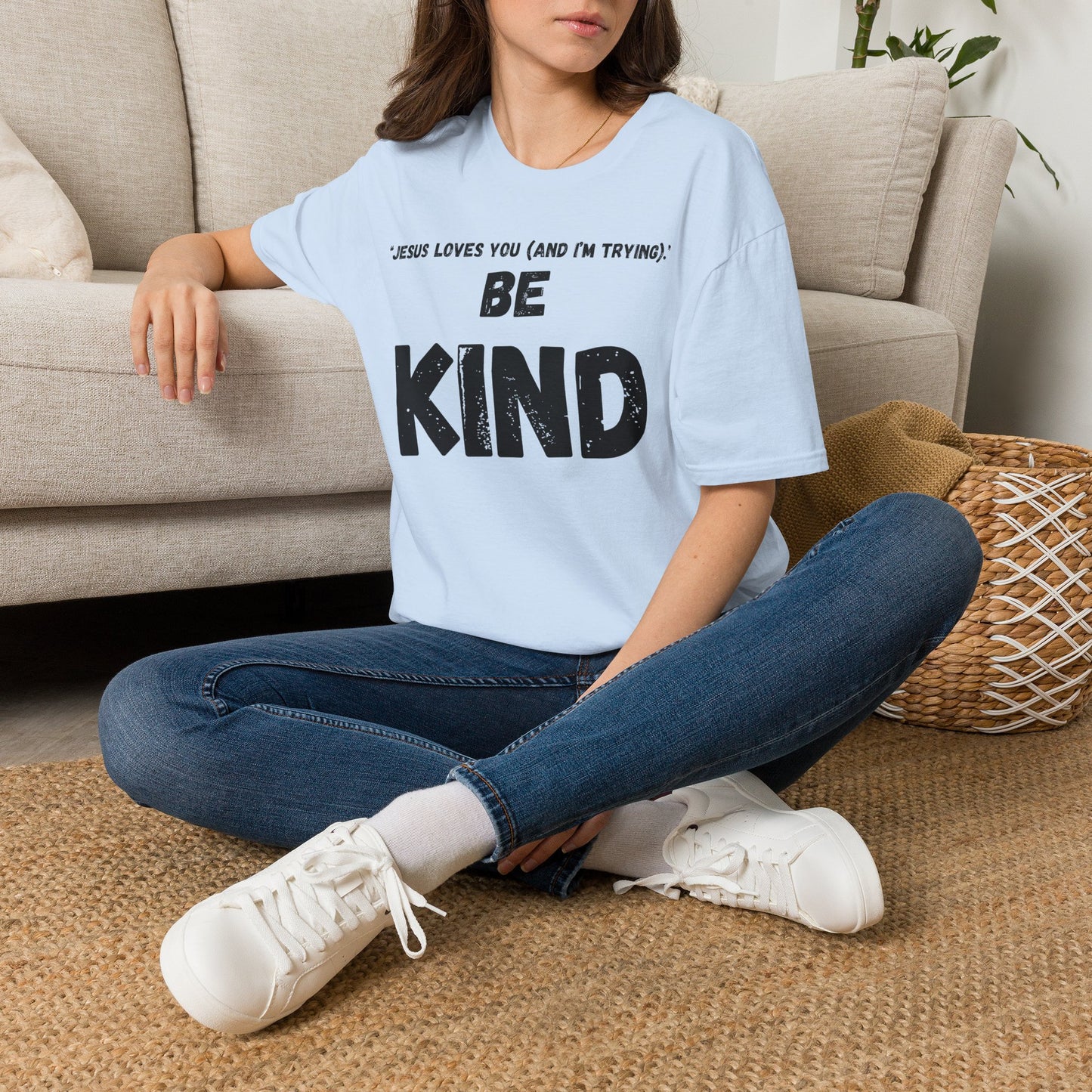 Jesus Loves You (And I'm Trying) Be Kind T Shirt | Christian Faith Message. Great gift for friends.