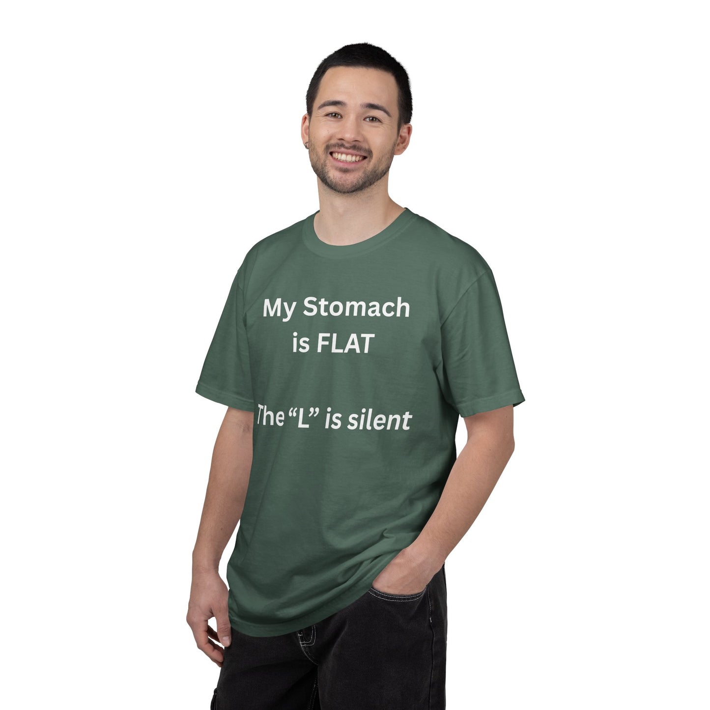My Stomach is FLAT The "L" is silent T-shirt | Funny Text Tee