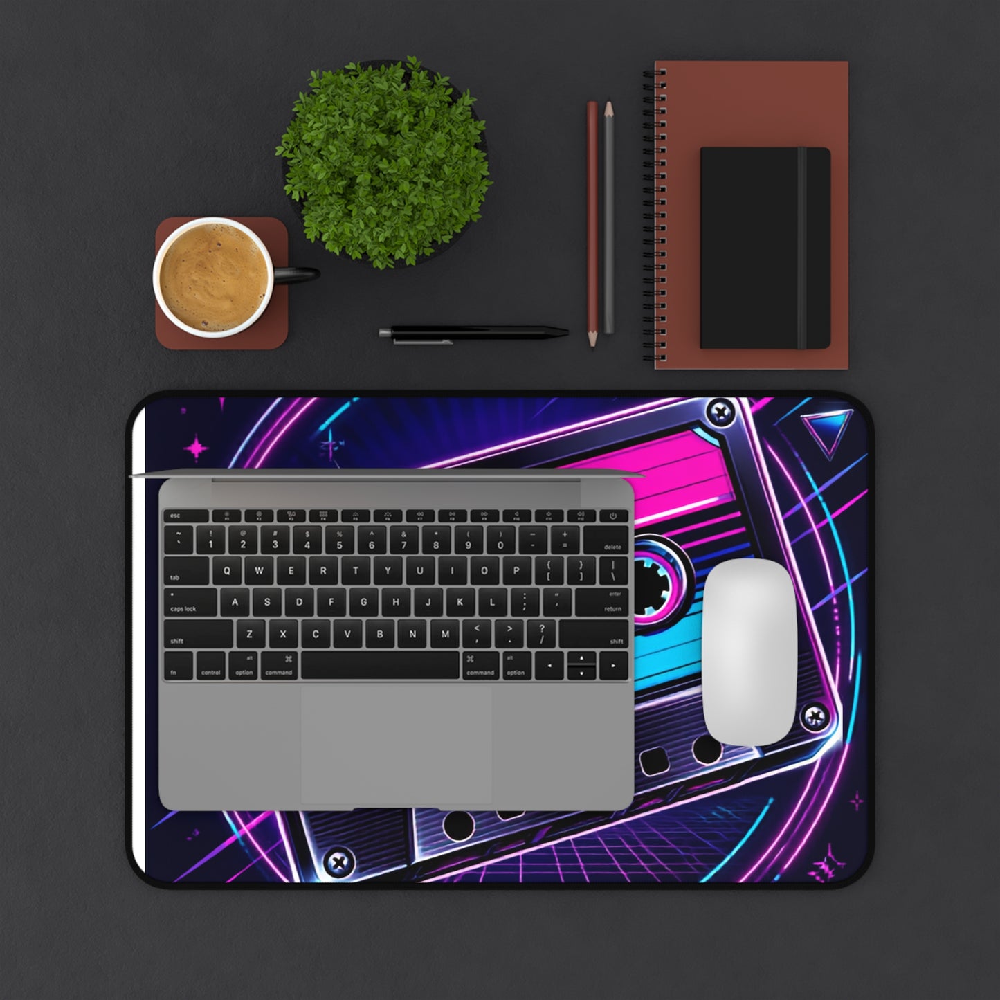 Retro Neon Cassette Tape Desk Mat | 80s Vaporwave Mouse Pad