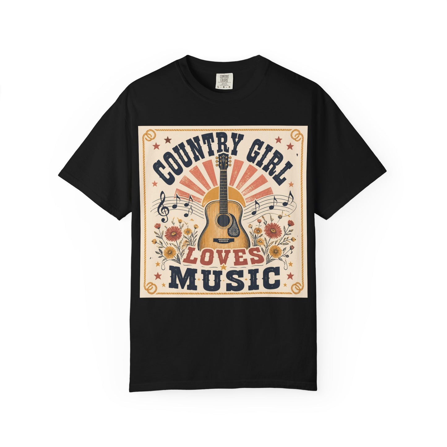 Country Girl Loves Music T-shirt | Acoustic Guitar Floral Vintage Design