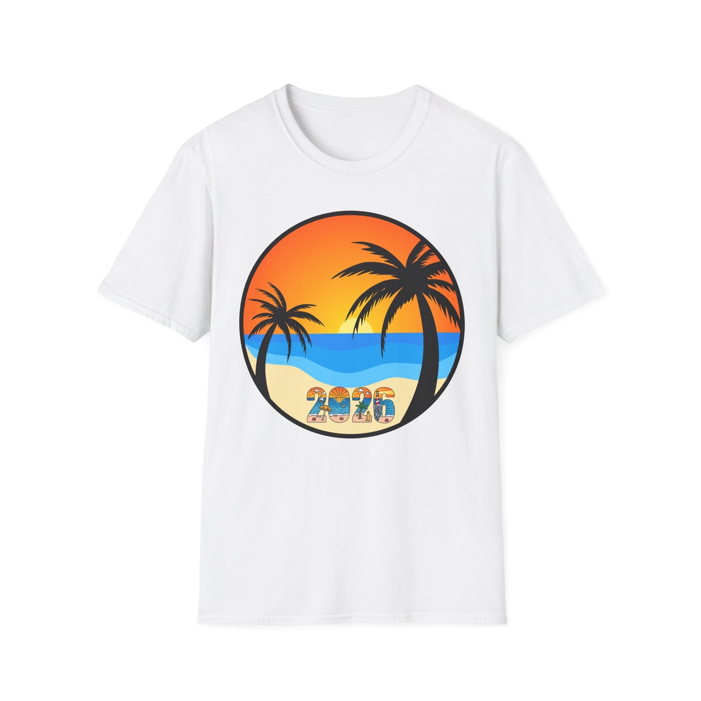 Sunset Palm Beach 2026 T-Shirt | Retro Tropical Circle Design
