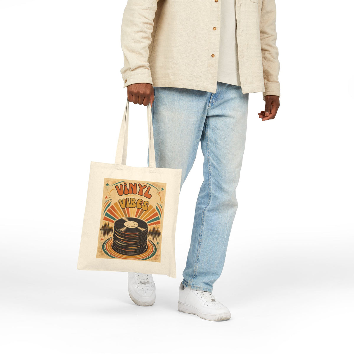 Vinyl Vibes record stack Tote Bag | Retro music graphic canvas