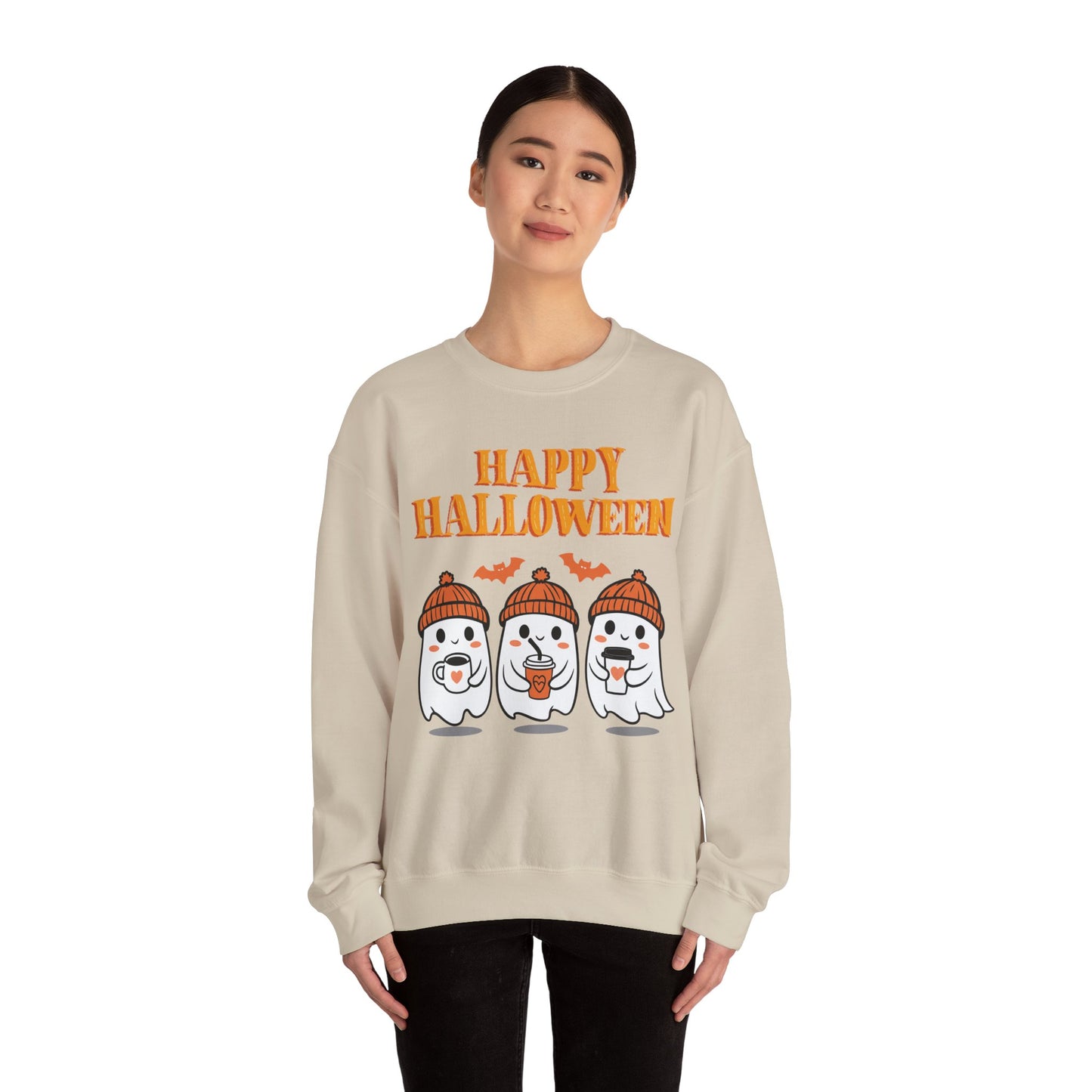Happy Halloween Ghosts Crewneck Sweatshirt, Cozy Fall Apparel, Unisex Halloween Sweatshirt, Spooky Season Gift, Cute Pumpkin Design
