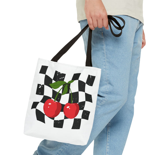 Cute Cherry Checkerboard Tote Bag, Summer Vibe Shopping Bag, Trendy Eco-Friendly Gift, Picnic Essential, Festival Accessory