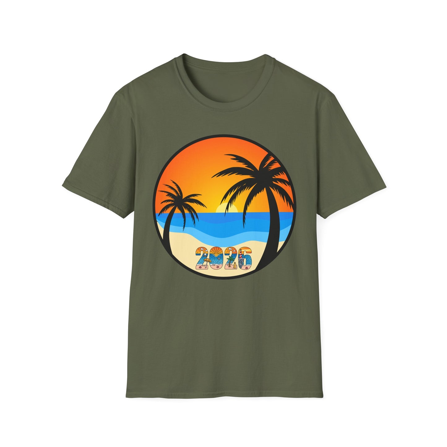 Sunset Palm Beach 2026 T-Shirt | Retro Tropical Circle Design