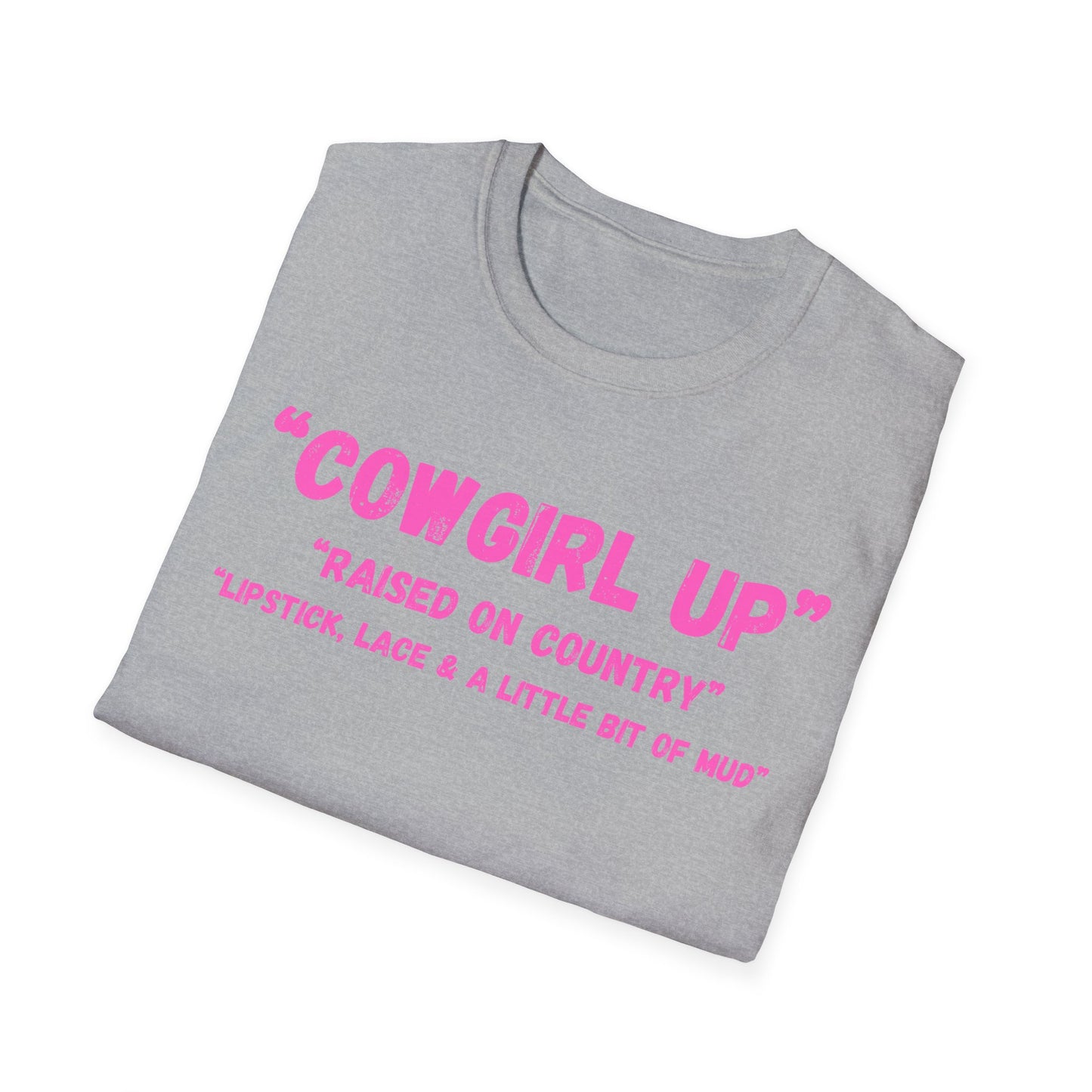 Cowgirl up graphic tee, T Shirt | Raised on Country pink text