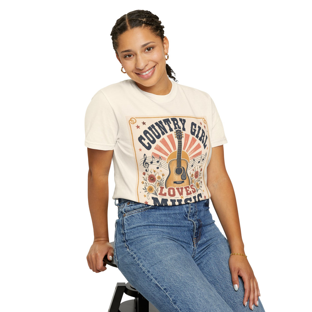 Country Girl Loves Music T-shirt | Acoustic Guitar Floral Vintage Design