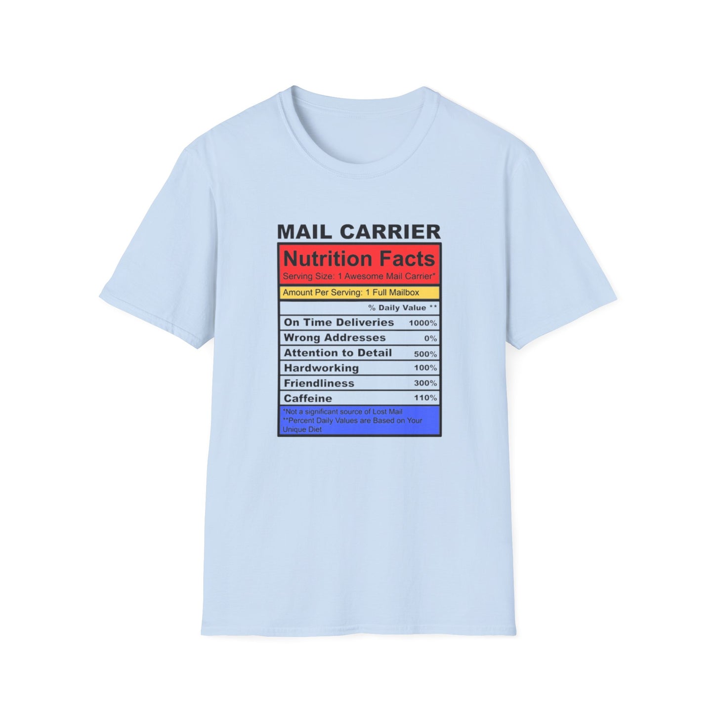 Mail Carrier Nutrition Facts Unisex Softstyle T-Shirt, Funny Gift for Postal Workers, Delivery Staff Tee, Unique Graphic Tee, Casual Wear