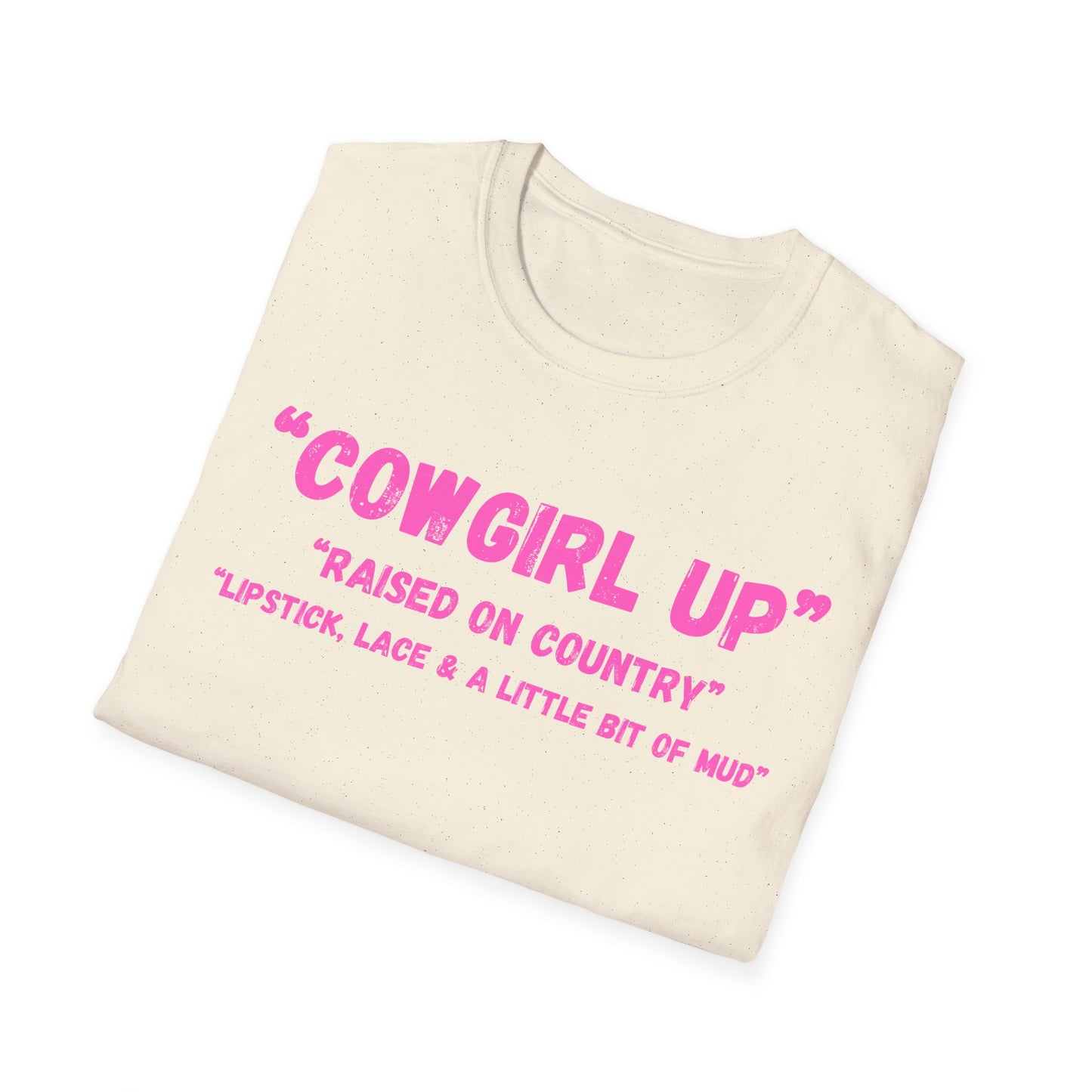 Cowgirl up graphic tee, T Shirt | Raised on Country pink text