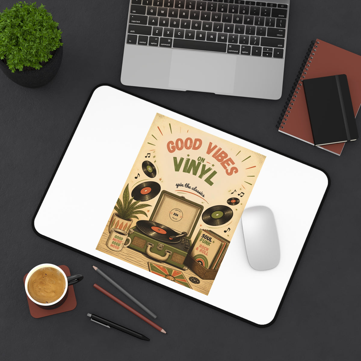 Good Vibes on Vinyl record player Desk Mat | Retro Music Home Office