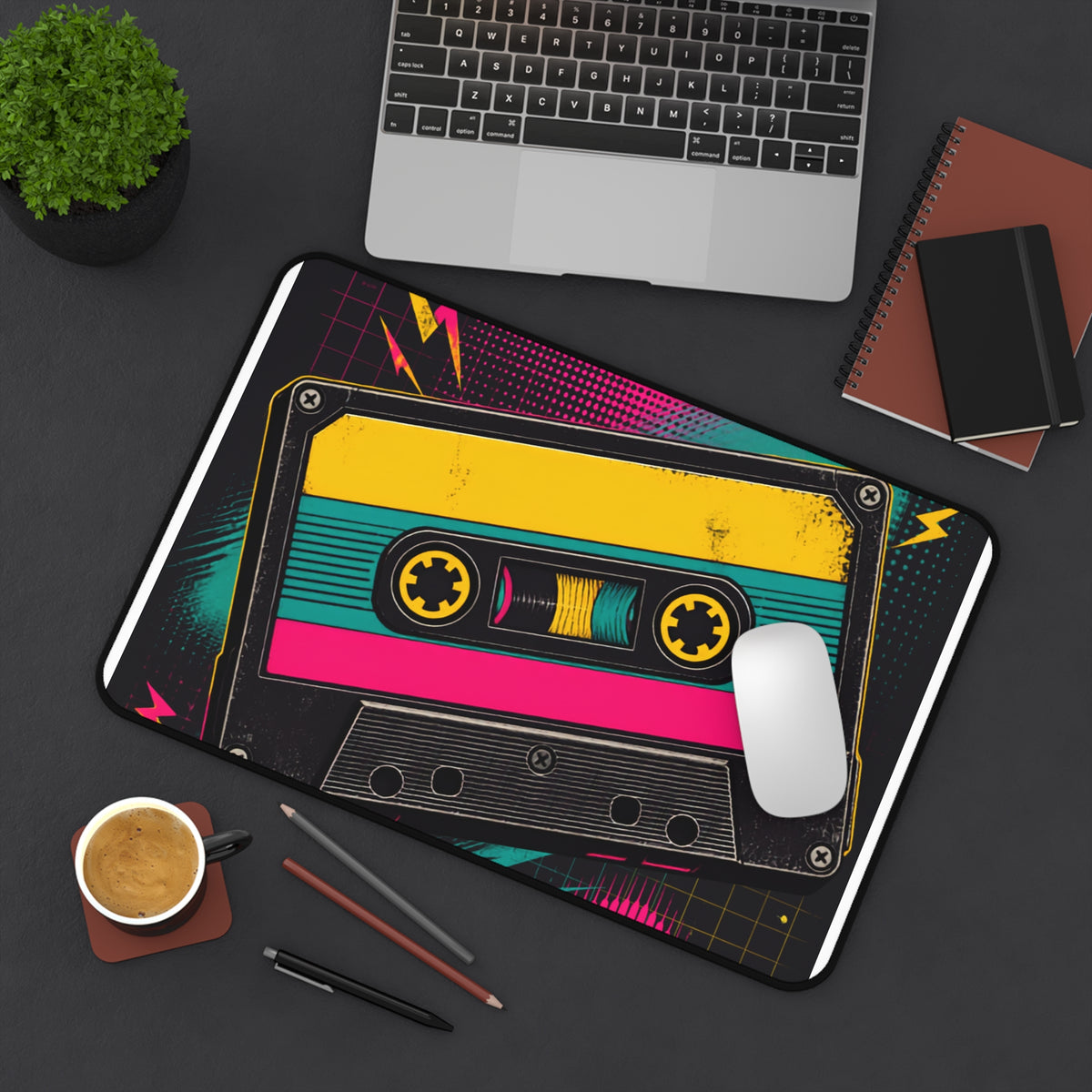 Retro Cassette Tape Desk Mat | 80s Neon Music Mousepad