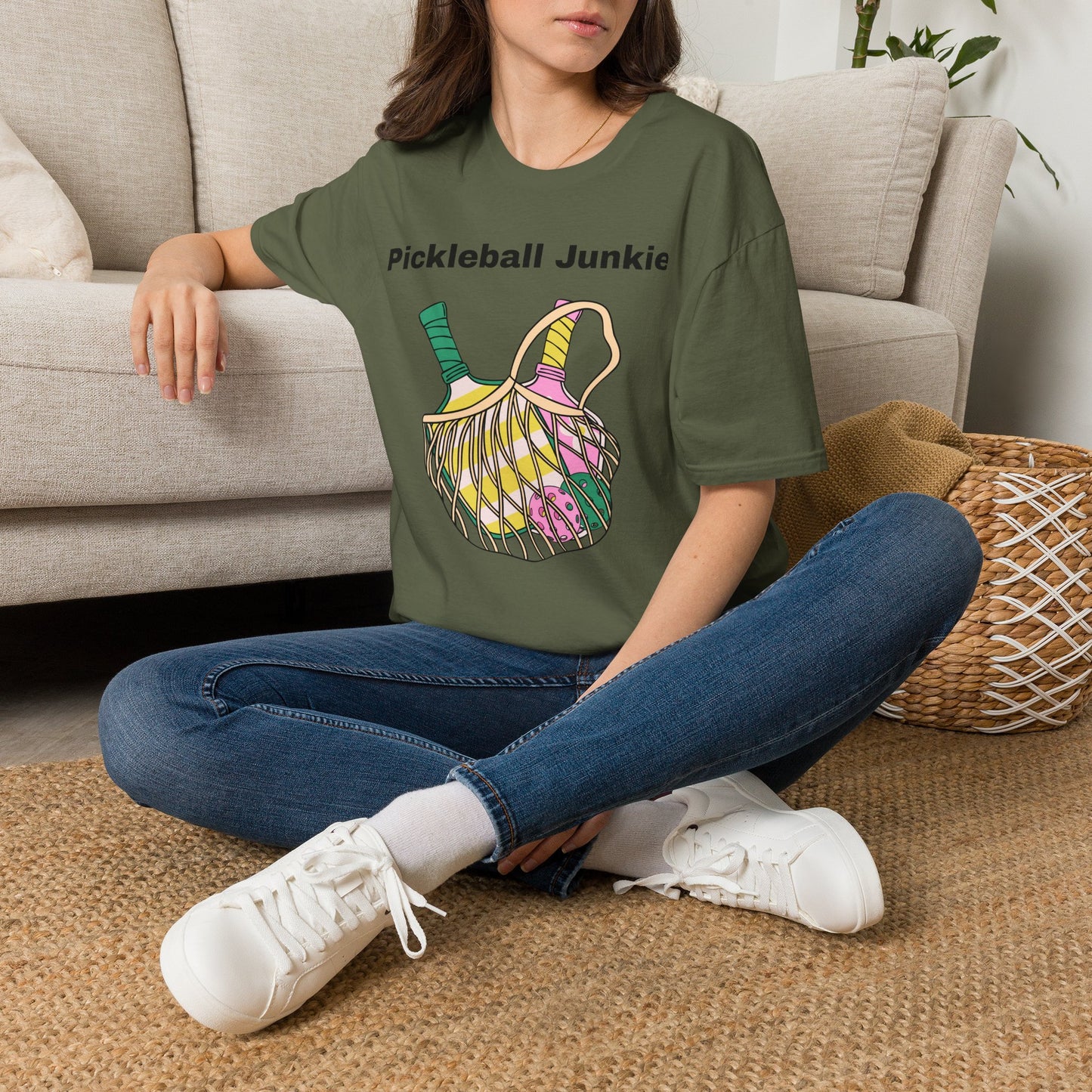 Pickleball Junkie T-Shirt | Colorful Paddle and Ball Illustration