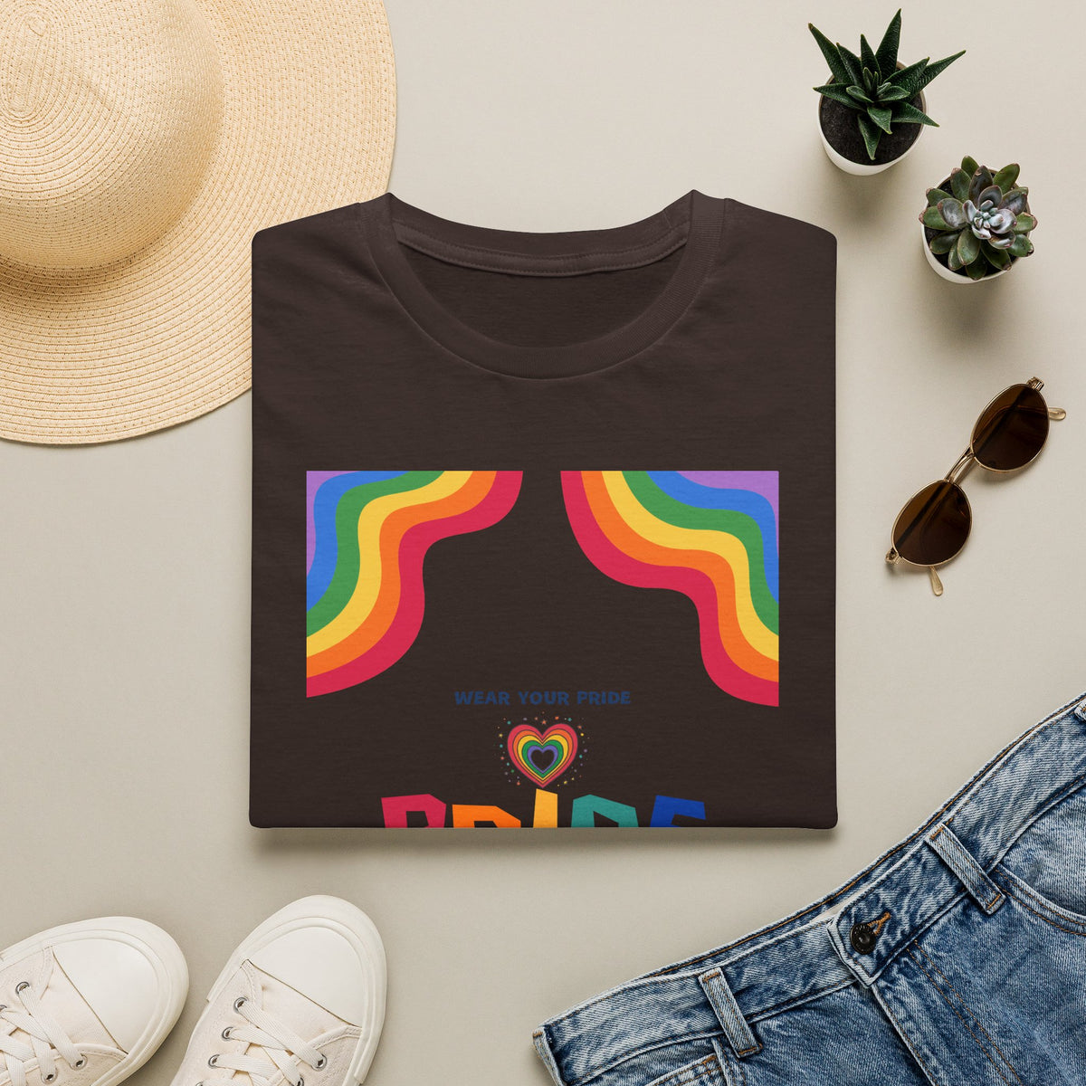 Rainbow Pride heart graphic T-Shirt | Wear Your Pride slogan