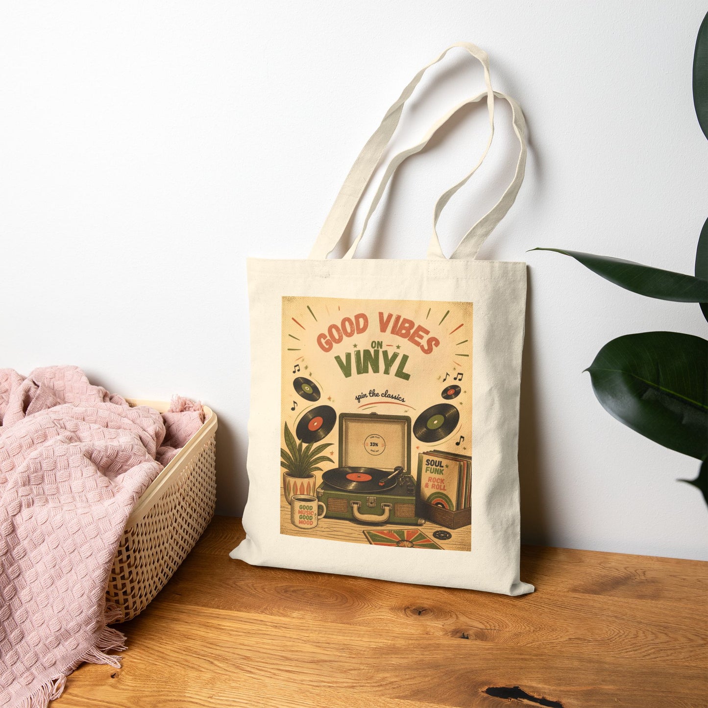Good Vibes Vinyl Record Player Tote Bag | Retro Music Illustration
