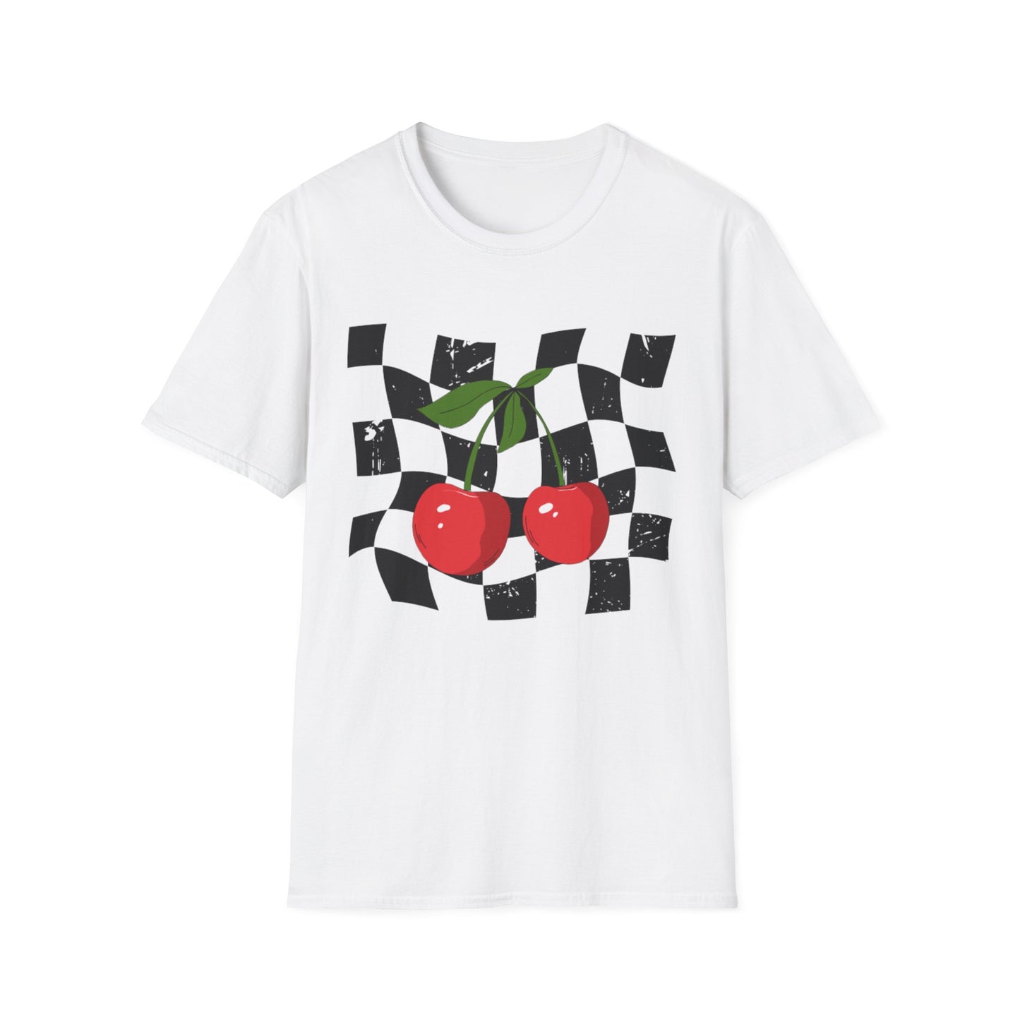 Cherry Checkered Graphic T-Shirt, Vintage Style Tee, Unisex Casual Apparel, Gifts for Car Lovers, Summer Streetwear