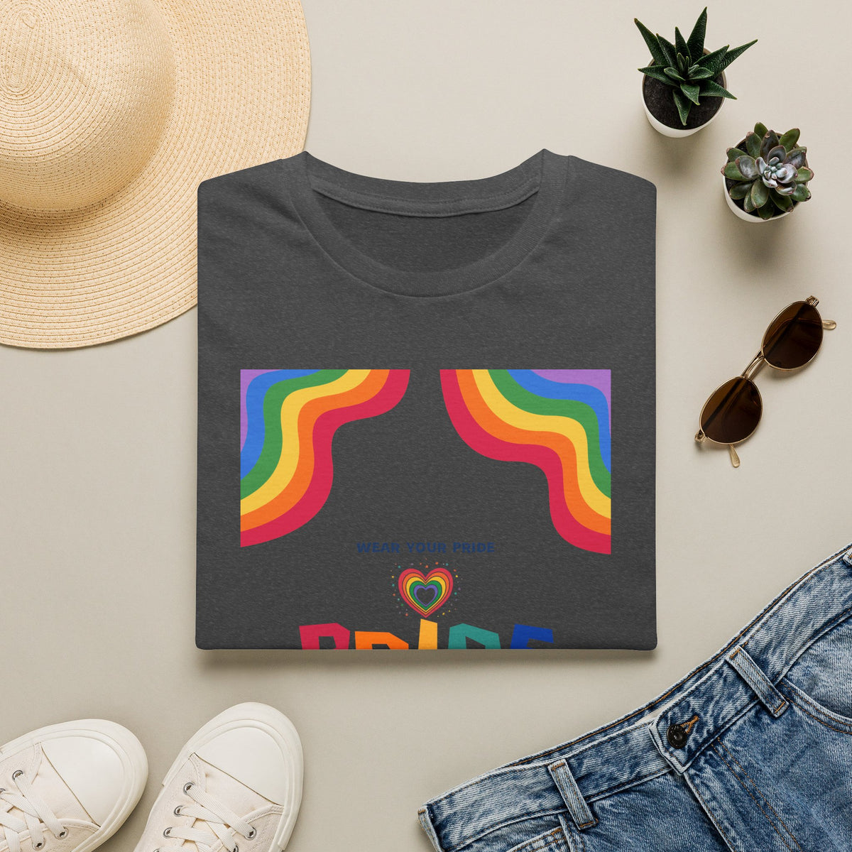 Rainbow Pride heart graphic T-Shirt | Wear Your Pride slogan