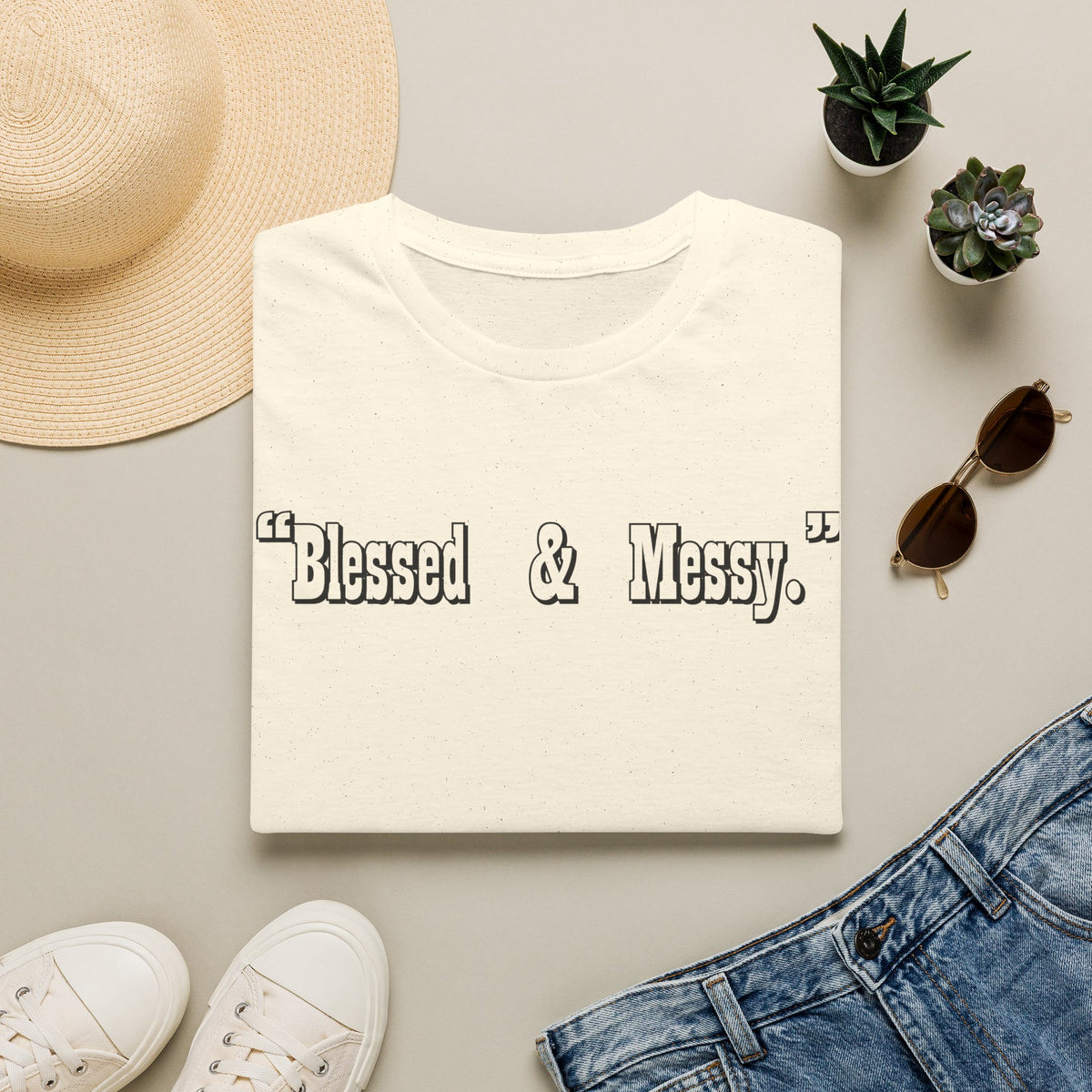 Blessed & Messy T-Shirt | Script Text Minimalist Typography