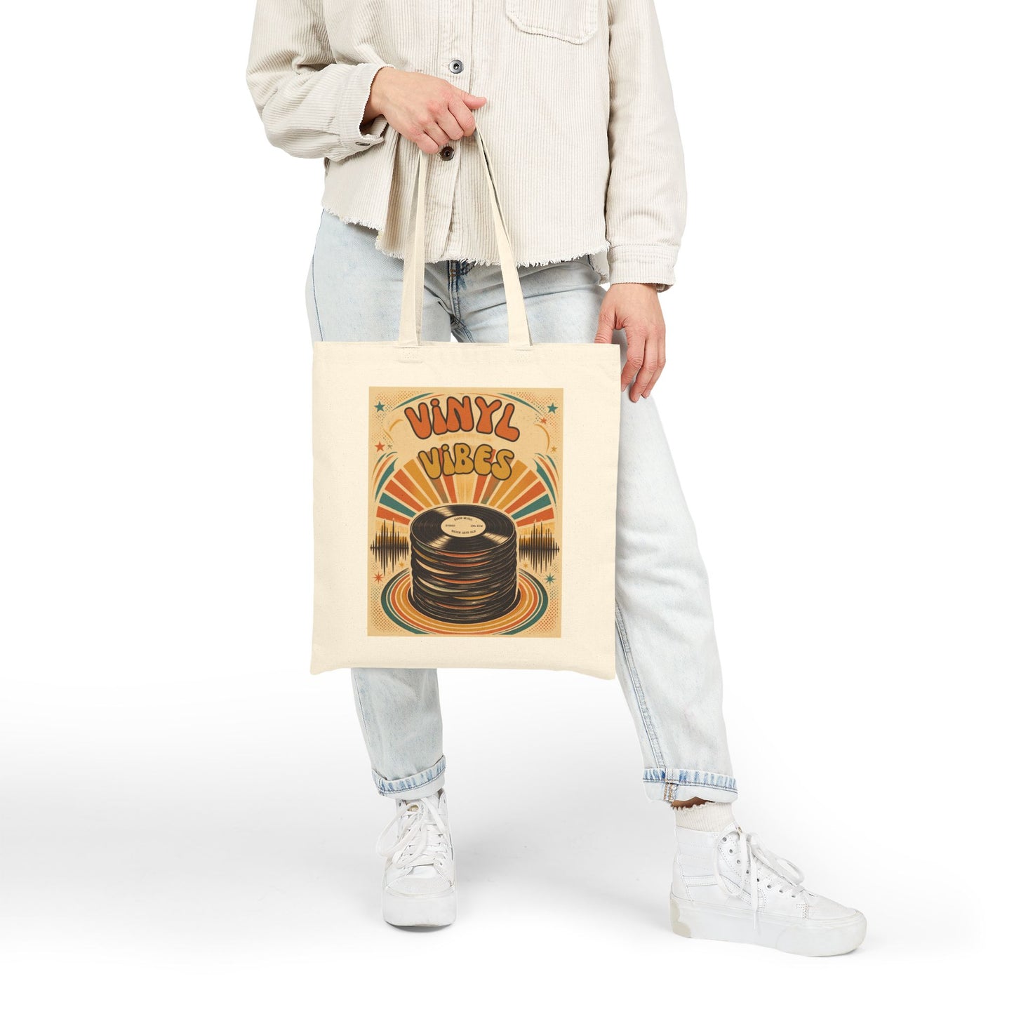 Vinyl Vibes record stack Tote Bag | Retro music graphic canvas