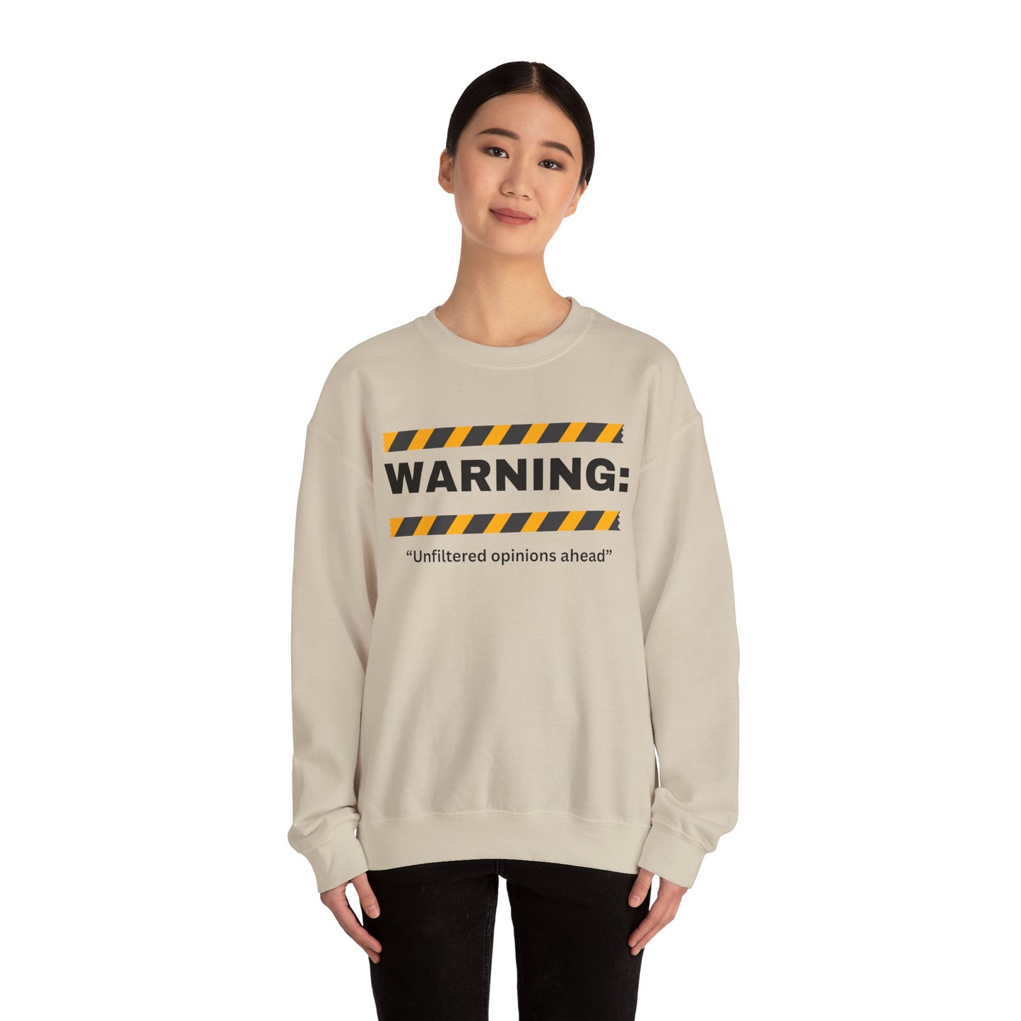 WARNING: 'Unfiltered opinions ahead' Crewneck Sweatshirt | Caution Tape Graphic