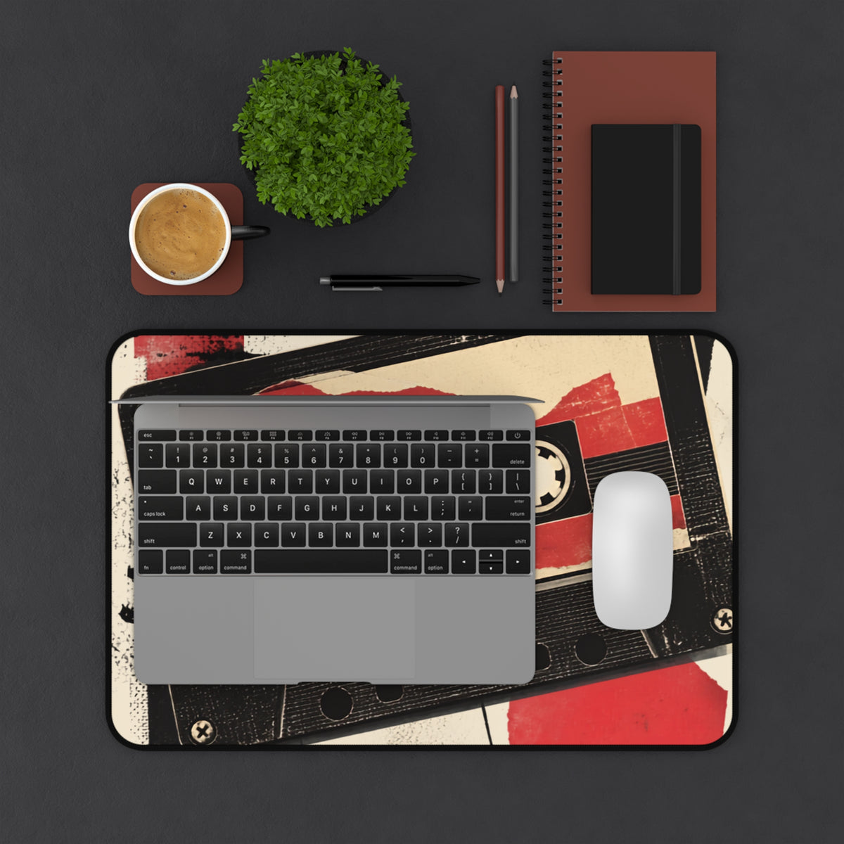 Retro Cassette Tape Desk Mat | Vintage Audio, Red Black Graphic