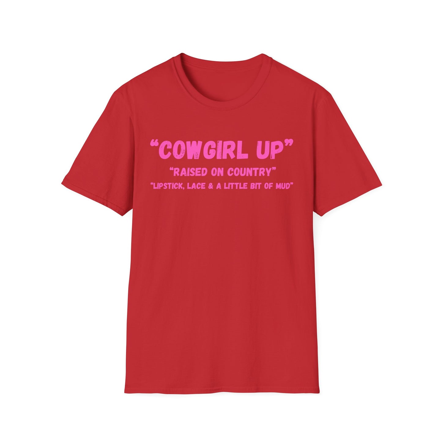 Cowgirl up graphic tee, T Shirt | Raised on Country pink text