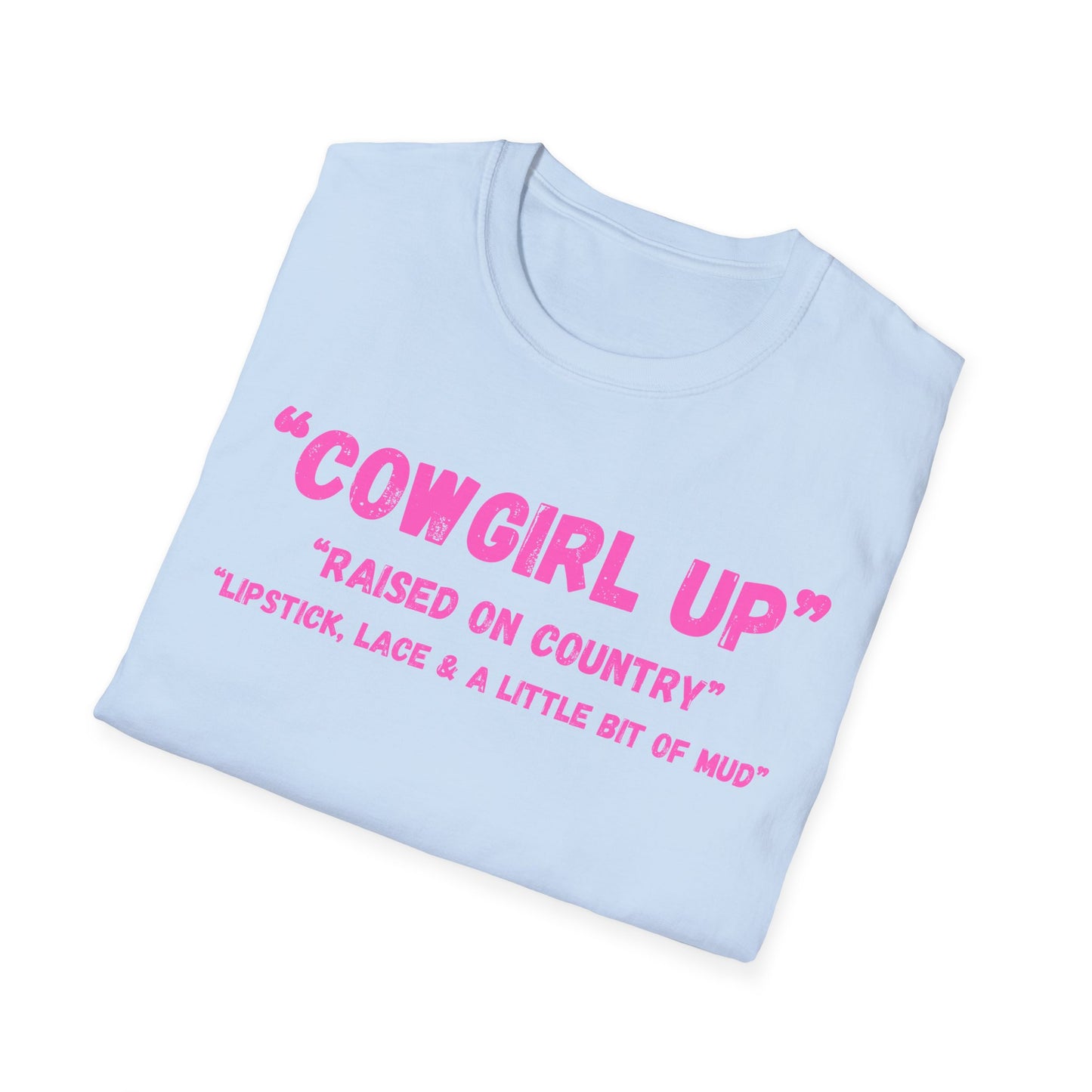 Cowgirl up graphic tee, T Shirt | Raised on Country pink text