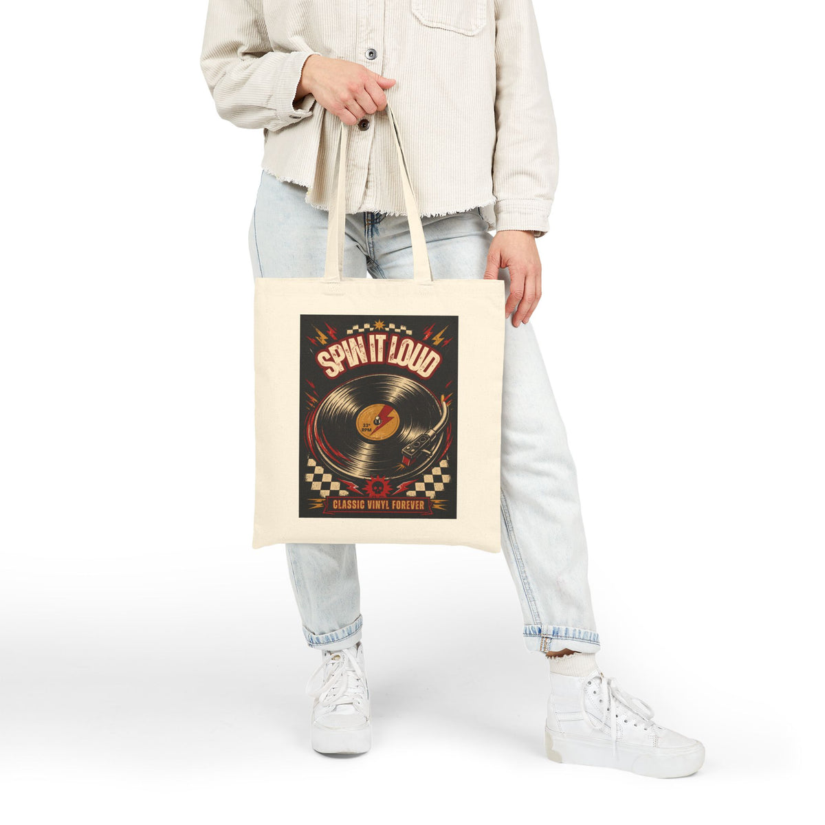 Spin It Loud vinyl record tote bag | Retro music poster design