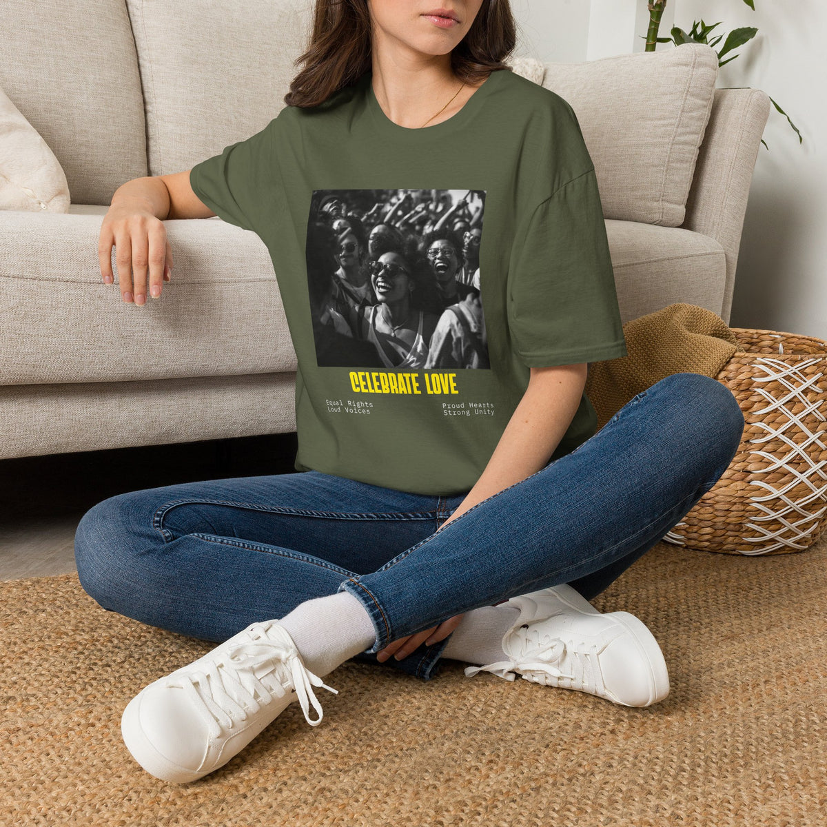 Celebrate Love T-Shirt | Black and White Crowd Photo, Yellow Text