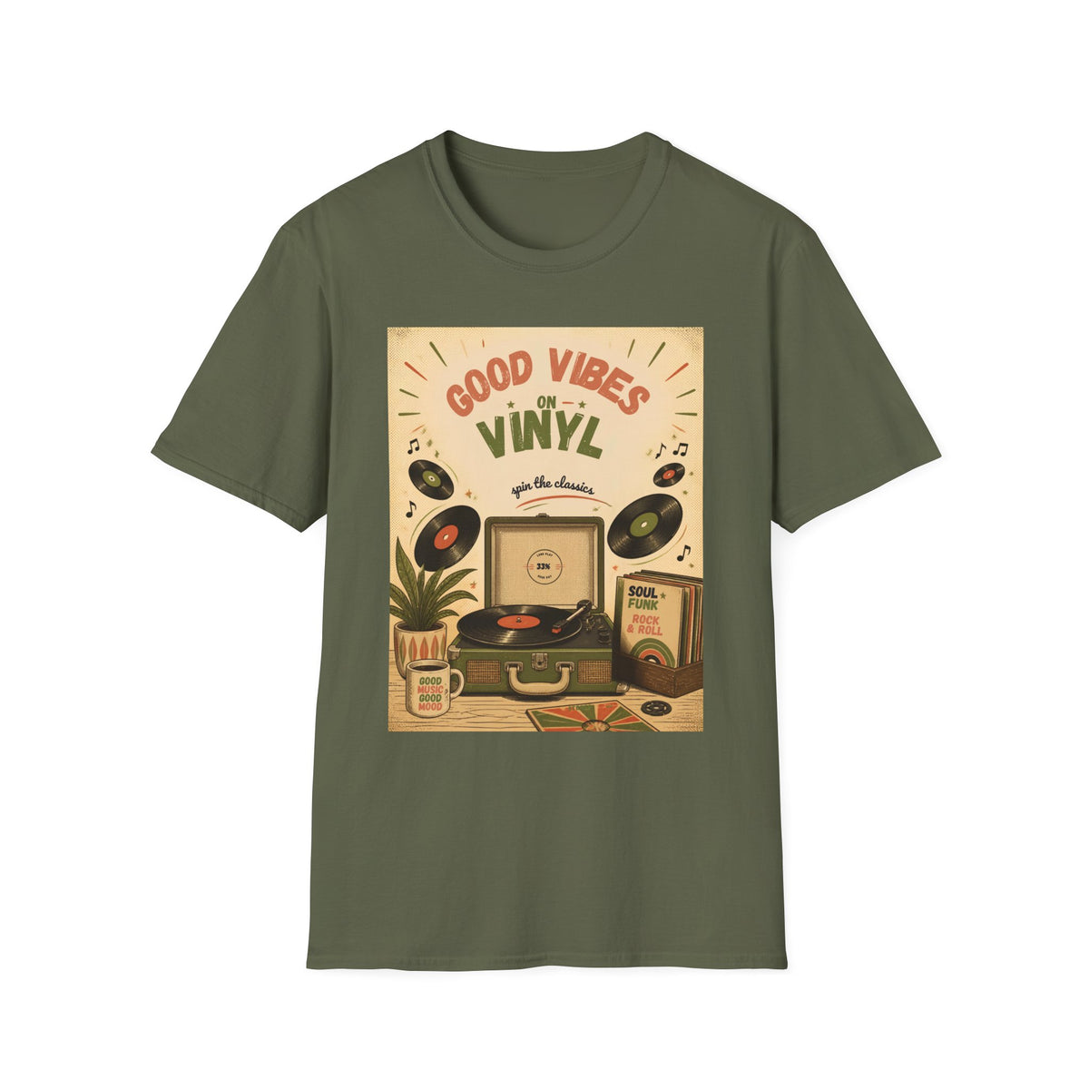 Good Vibes on Vinyl T-Shirt | Retro Record Player Design