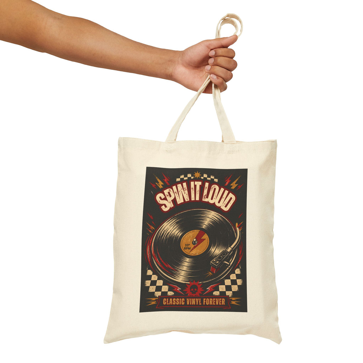 Spin It Loud vinyl record tote bag | Retro music poster design