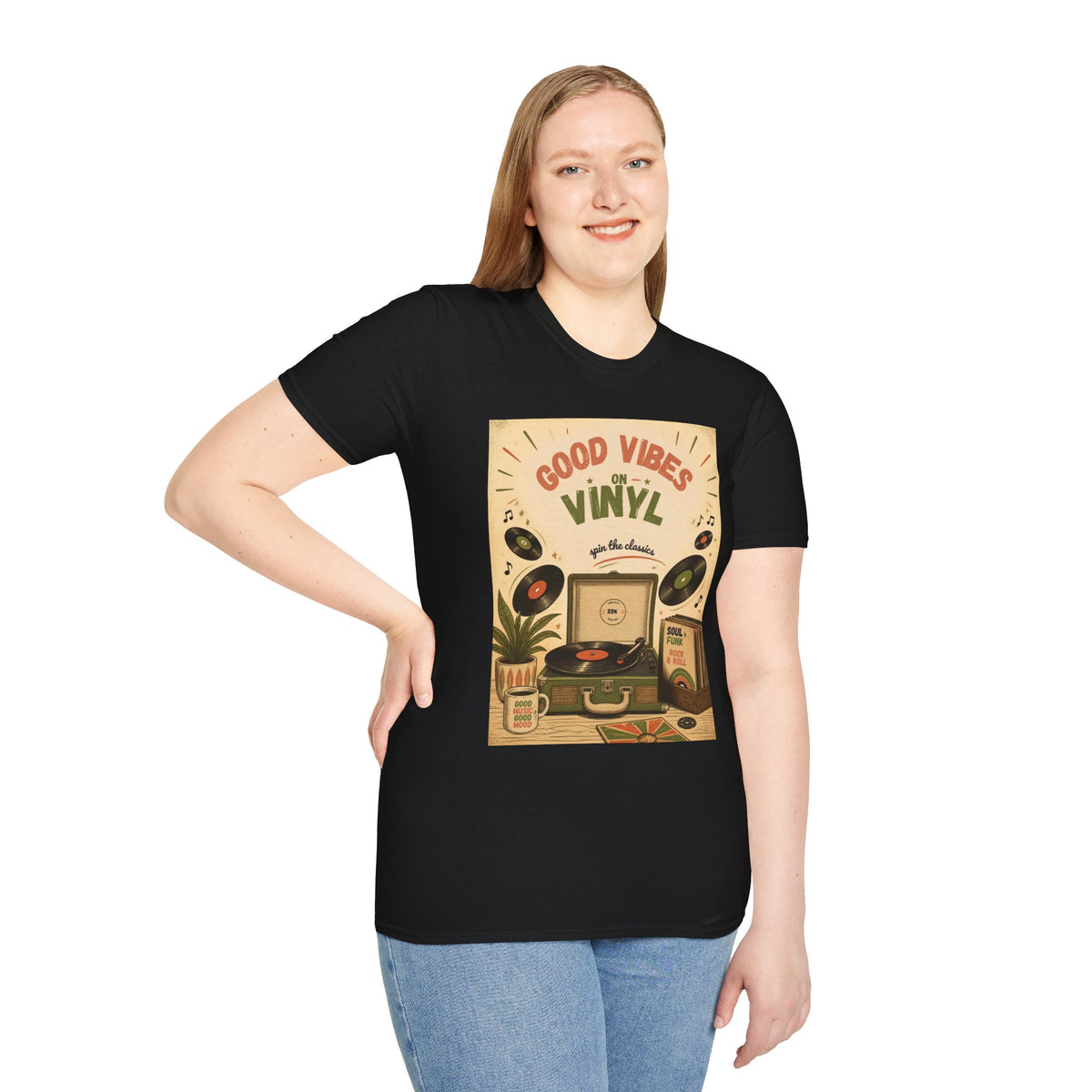 Good Vibes on Vinyl T-Shirt | Retro Record Player Design