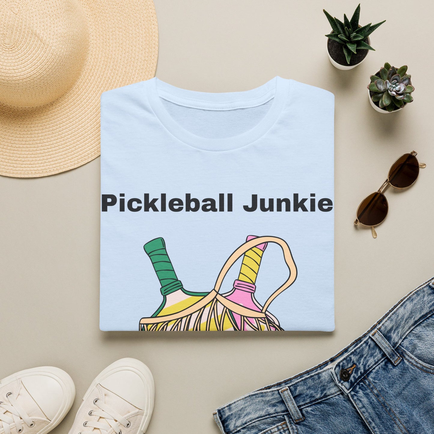 Pickleball Junkie T-Shirt | Colorful Paddle and Ball Illustration