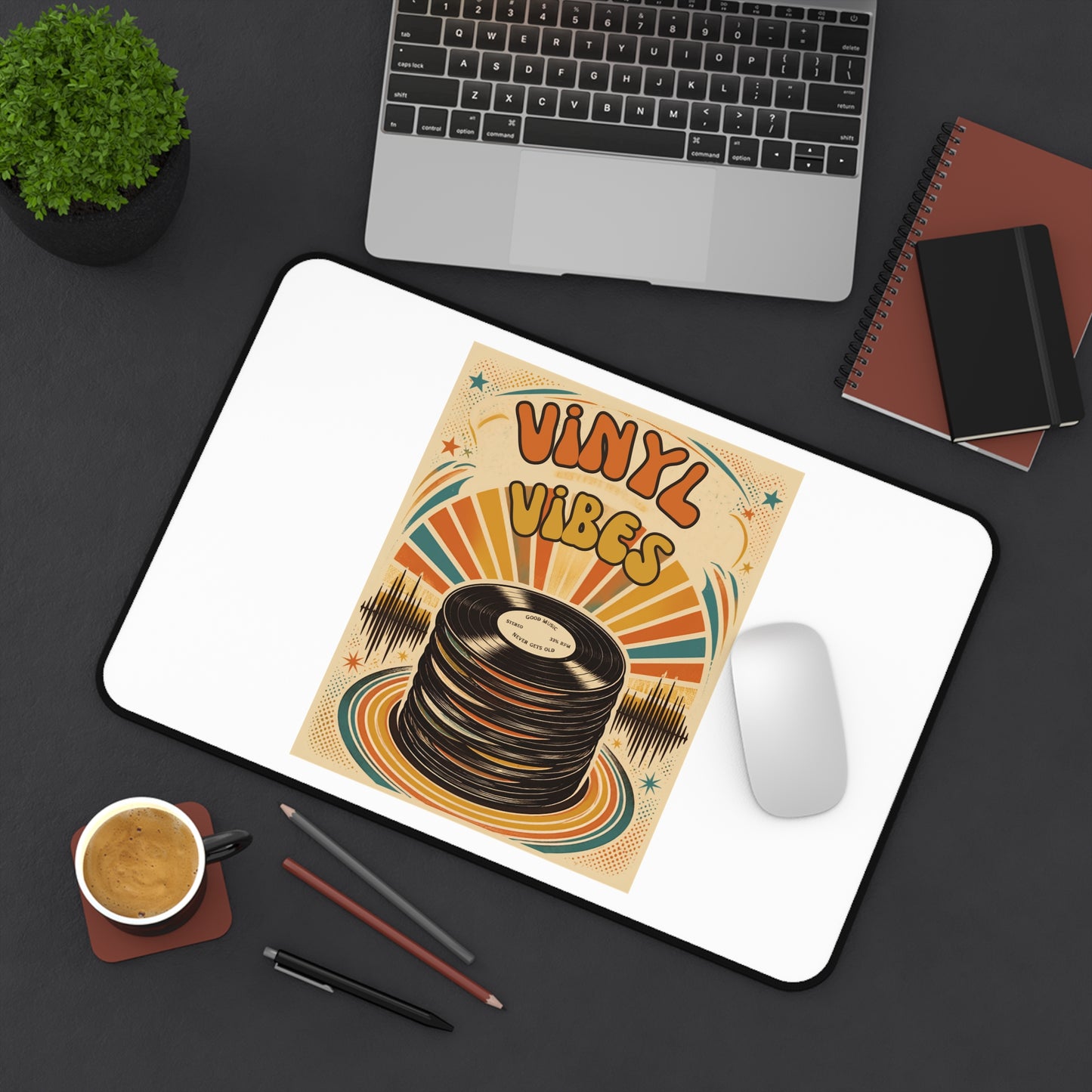 Vinyl Vibes record stack Desk Mat | Retro music poster