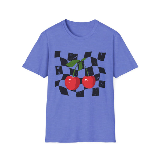 Cherry Checkered Graphic T-Shirt, Vintage Style Tee, Unisex Casual Apparel, Gifts for Car Lovers, Summer Streetwear