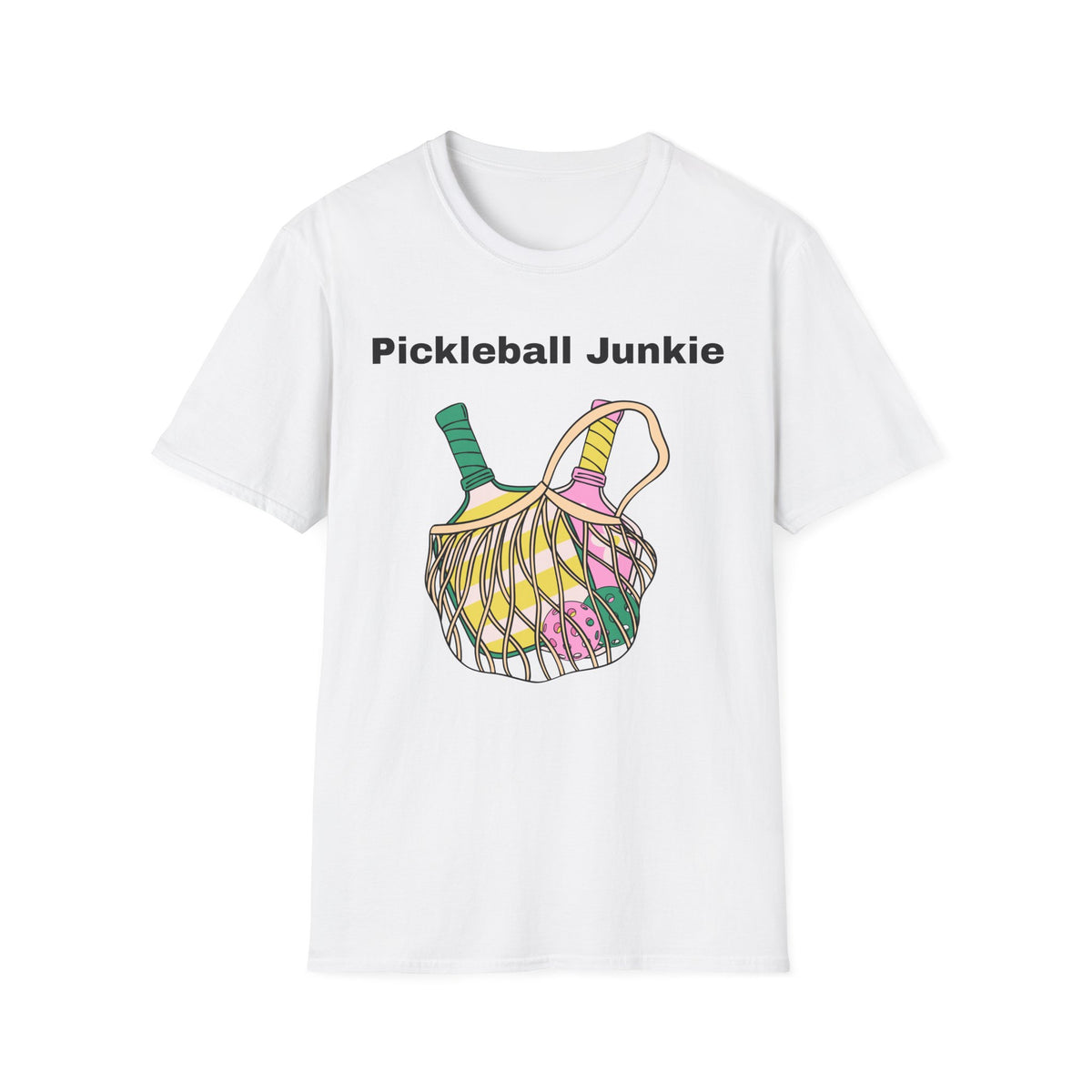 Pickleball Junkie T-Shirt | Colorful Paddle and Ball Illustration