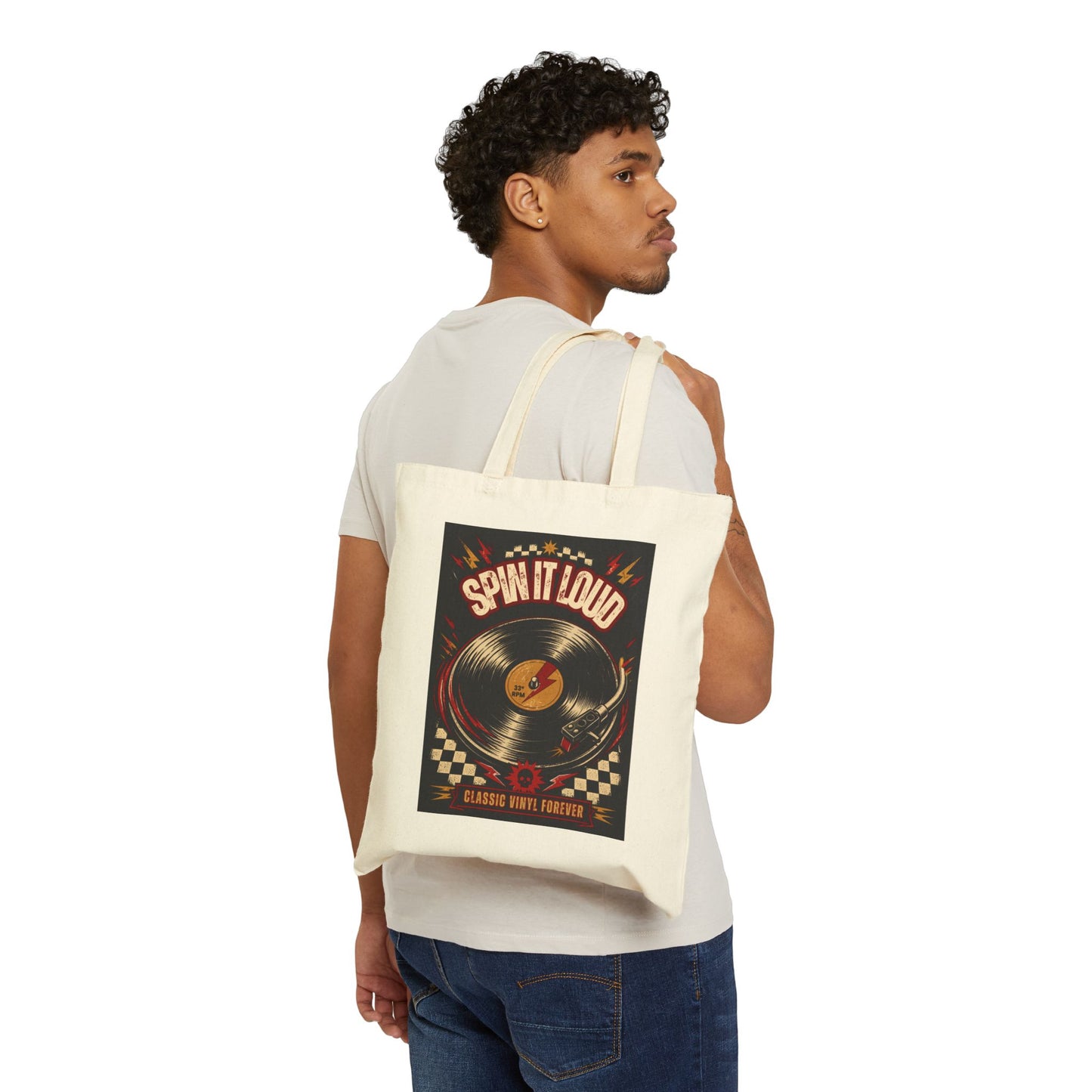Spin It Loud vinyl record tote bag | Retro music poster design