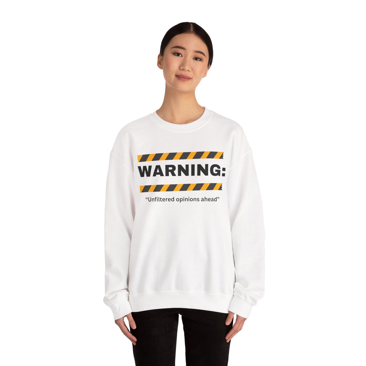 WARNING: 'Unfiltered opinions ahead' Crewneck Sweatshirt | Caution Tape Graphic