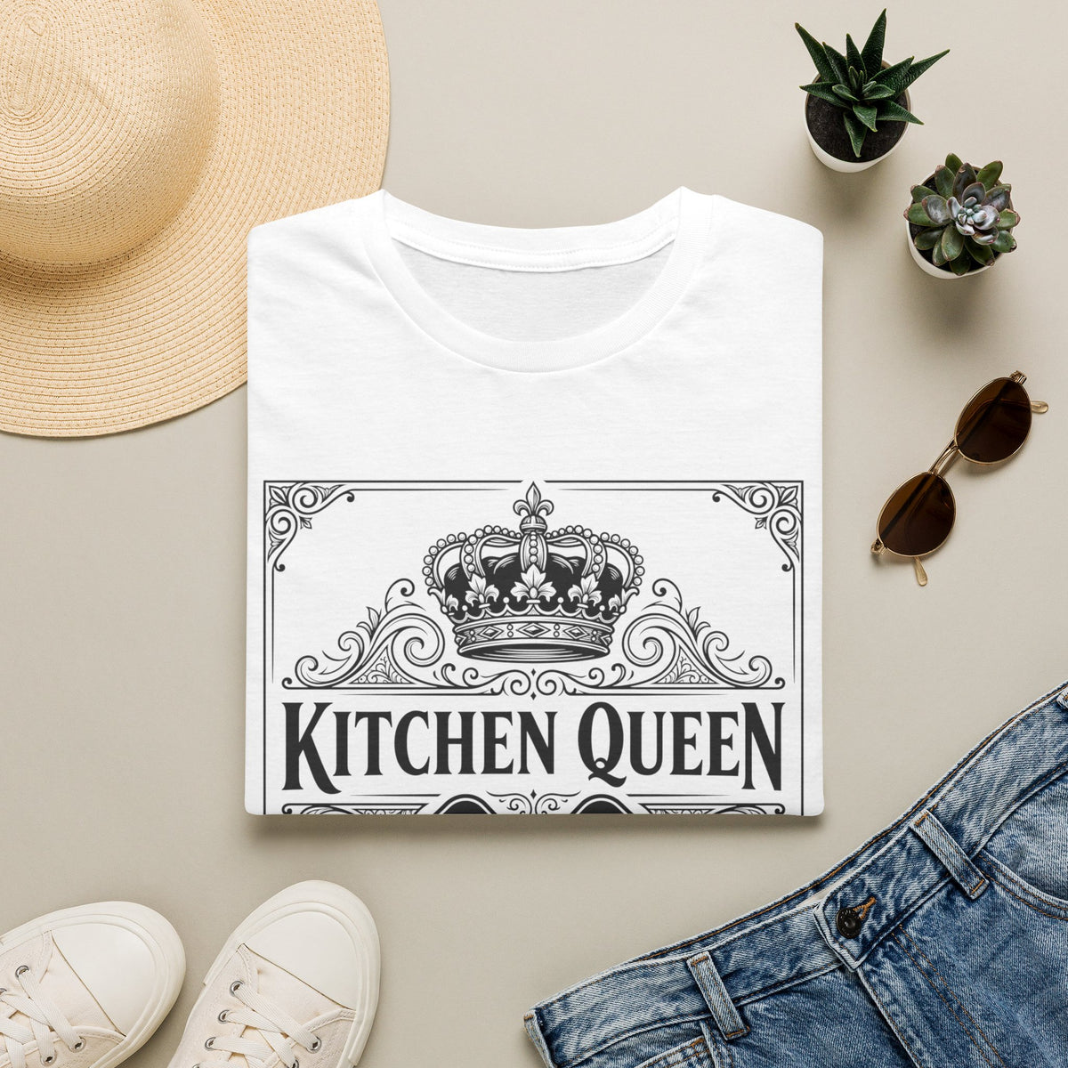 Kitchen Queen T-Shirt | Crown, Spatula, Vintage Scroll Design