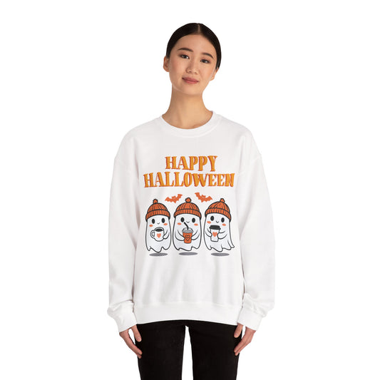Happy Halloween Ghosts Crewneck Sweatshirt, Cozy Fall Apparel, Unisex Halloween Sweatshirt, Spooky Season Gift, Cute Pumpkin Design