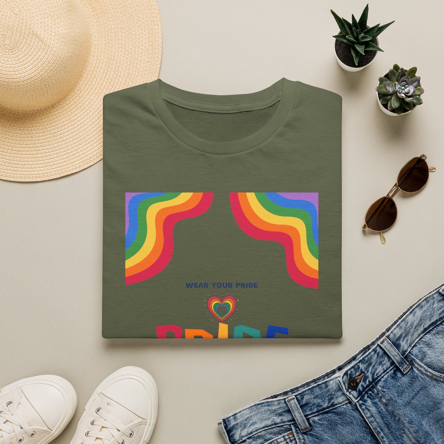 Rainbow Pride heart graphic T-Shirt | Wear Your Pride slogan