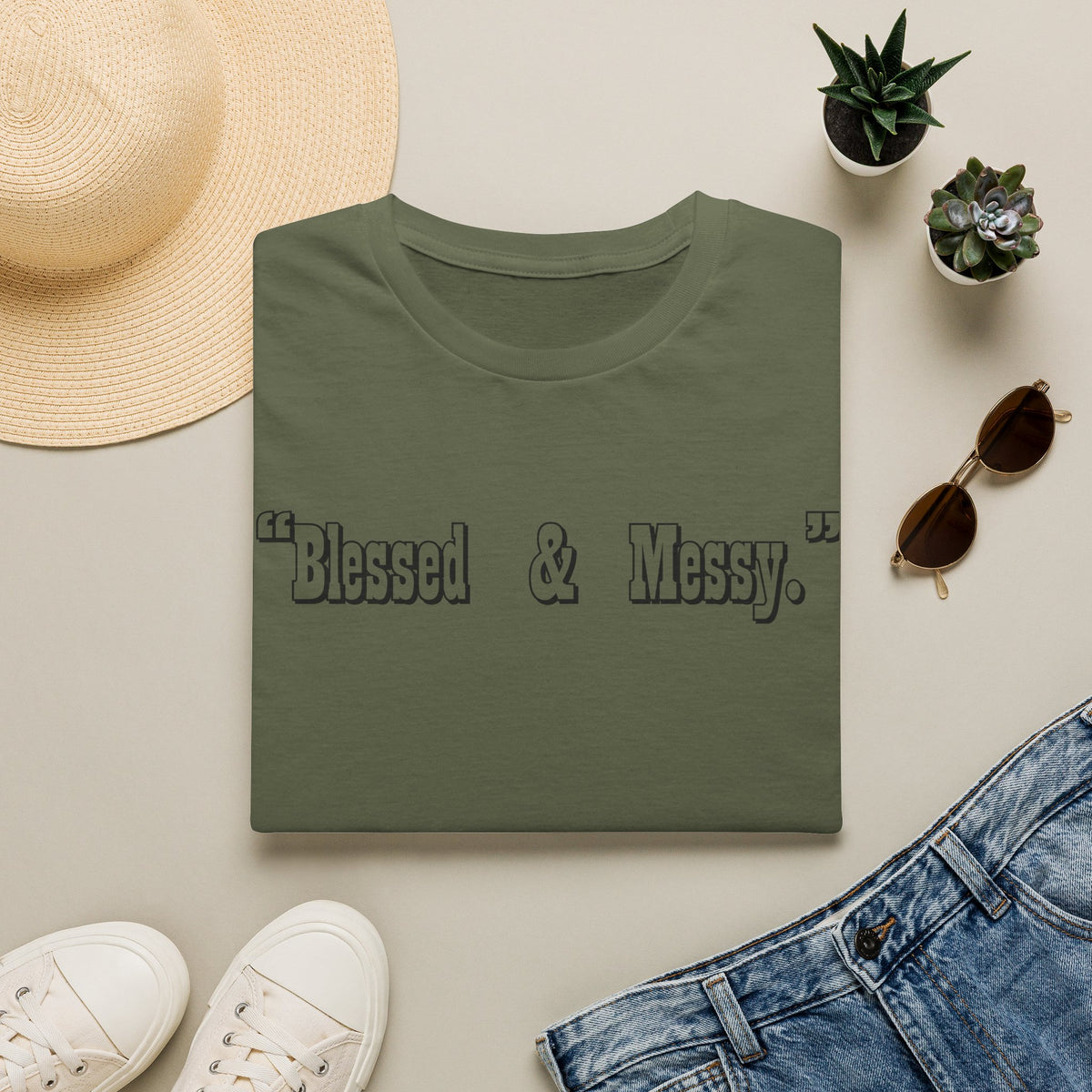 Blessed & Messy T-Shirt | Script Text Minimalist Typography