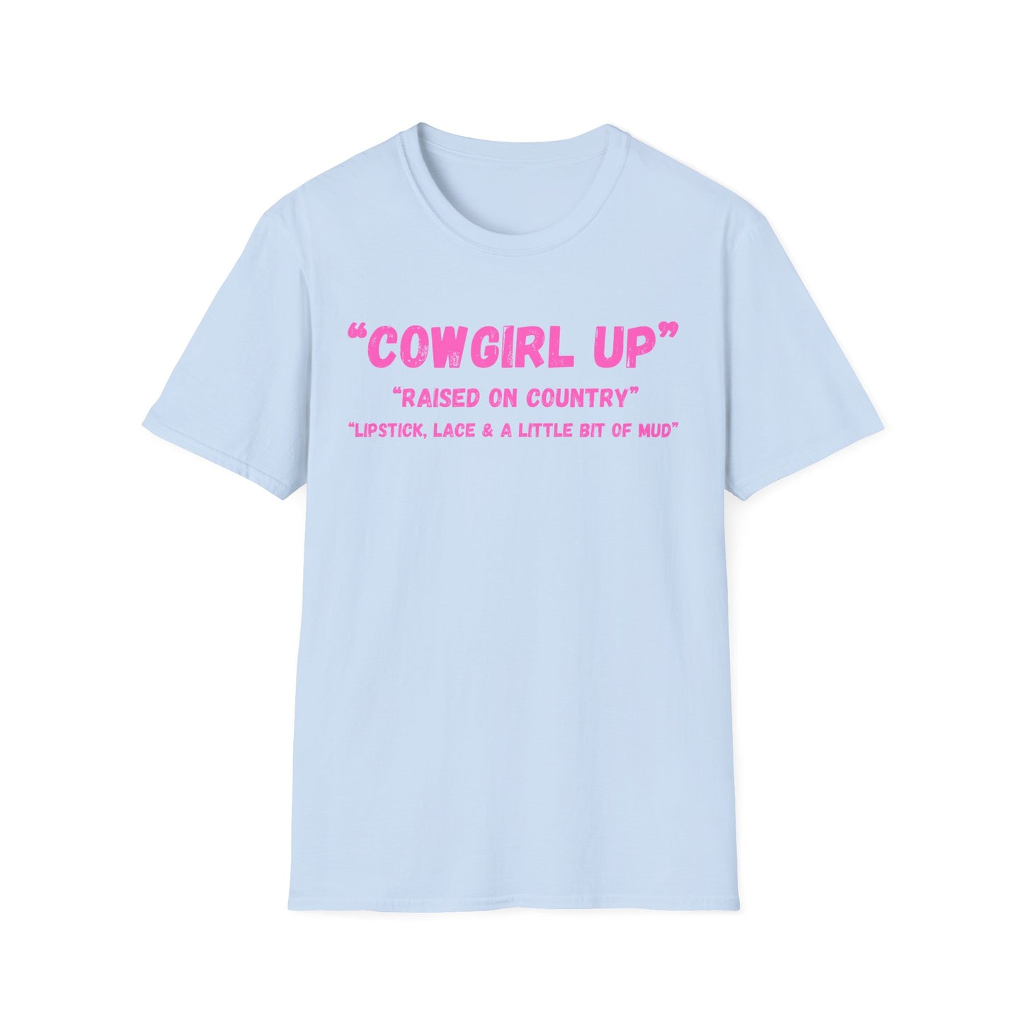 Cowgirl up graphic tee, T Shirt | Raised on Country pink text