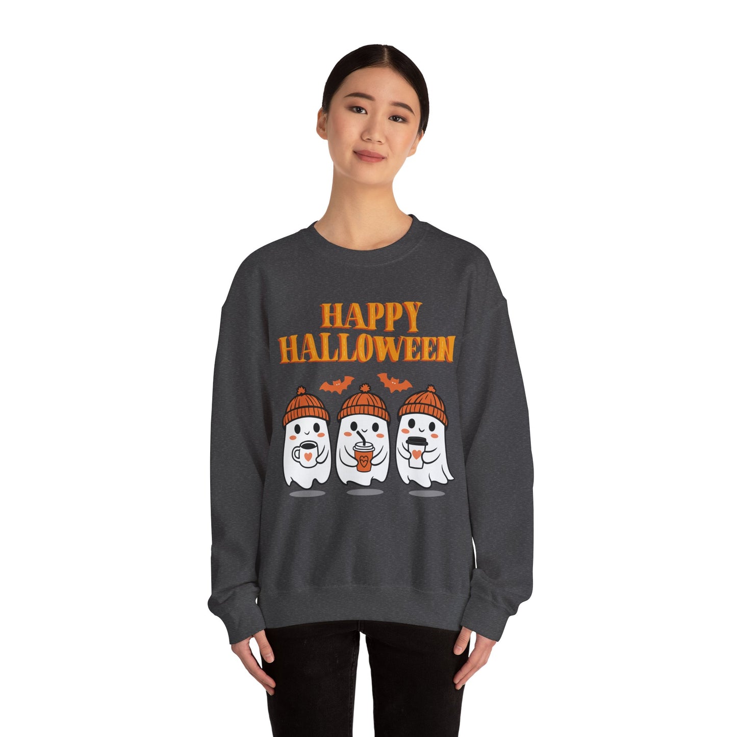 Happy Halloween Ghosts Crewneck Sweatshirt, Cozy Fall Apparel, Unisex Halloween Sweatshirt, Spooky Season Gift, Cute Pumpkin Design