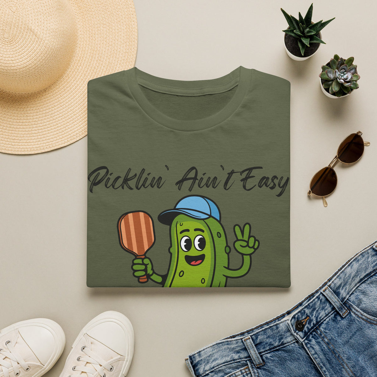 Picklin Ain't Easy Pickle Character T-Shirt | Cartoon Pickle with Paddle