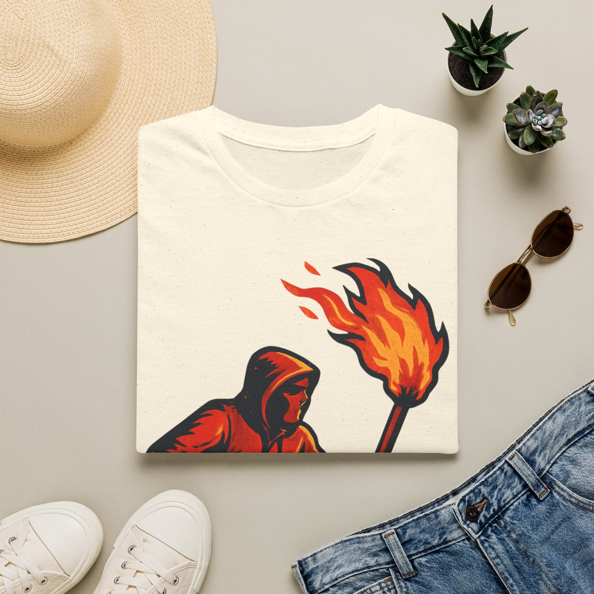 Hooded Figure with Torch T-Shirt | Flame Riot Graphic Tee