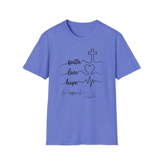 Faith Love Hope Unisex Softstyle T-Shirt, Christian Gifts, Inspirational Tee, Casual Wear, Perfect for Church, Coffee Lovers
