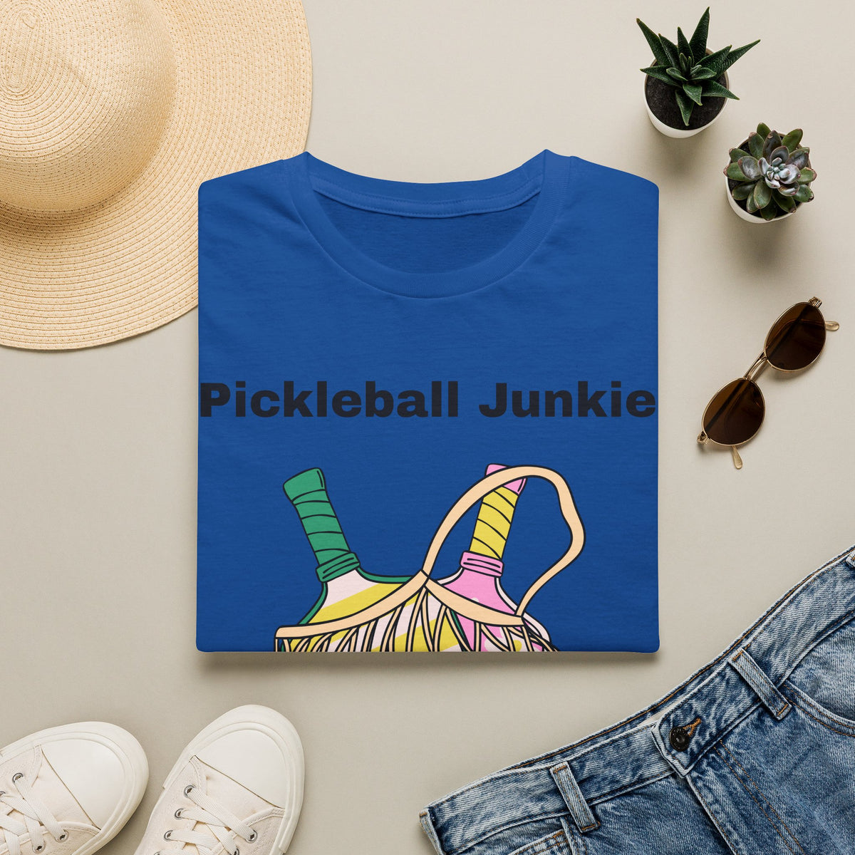 Pickleball Junkie T-Shirt | Colorful Paddle and Ball Illustration