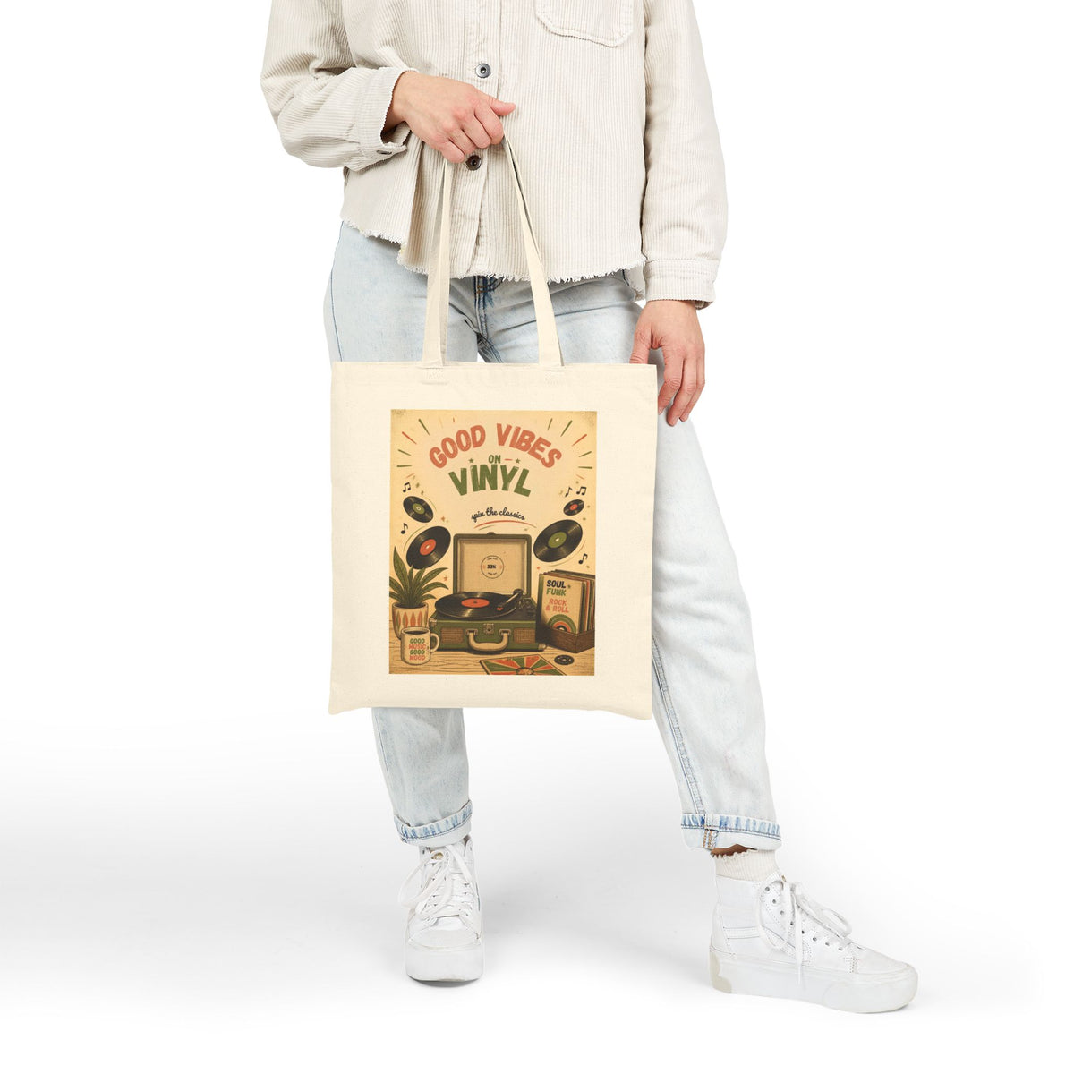 Good Vibes Vinyl Record Player Tote Bag | Retro Music Illustration