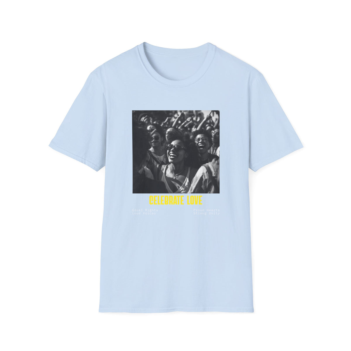 Celebrate Love T-Shirt | Black and White Crowd Photo, Yellow Text